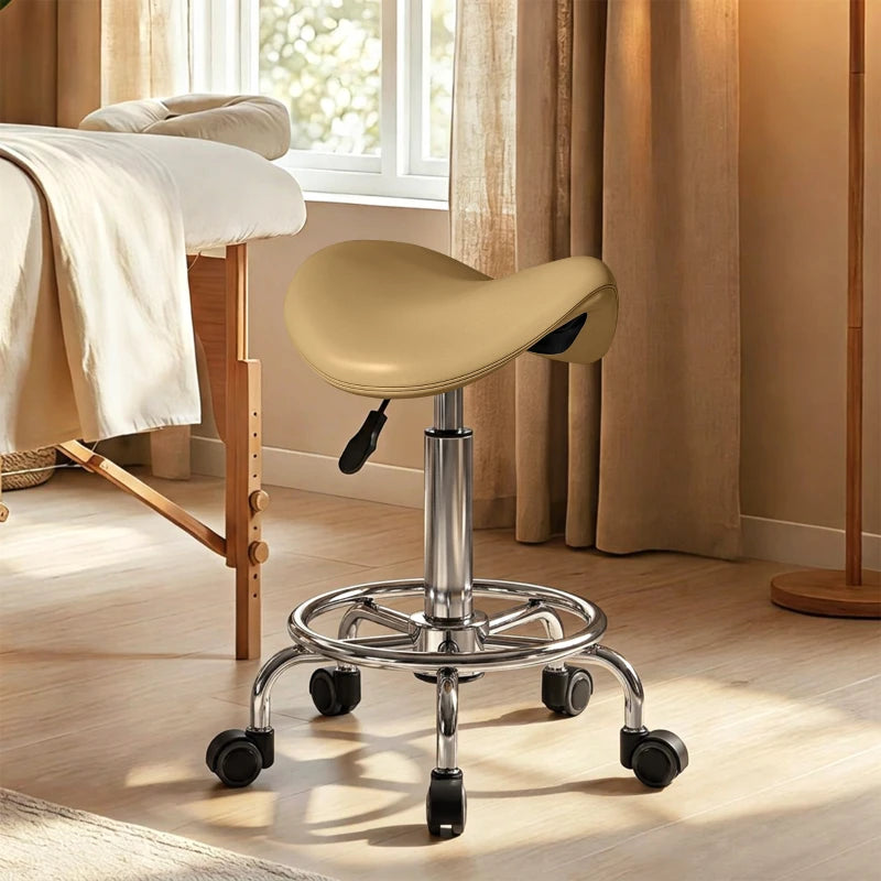 Saddle Stool, PU Leather Adjustable Rolling Salon Chair, Light Brown