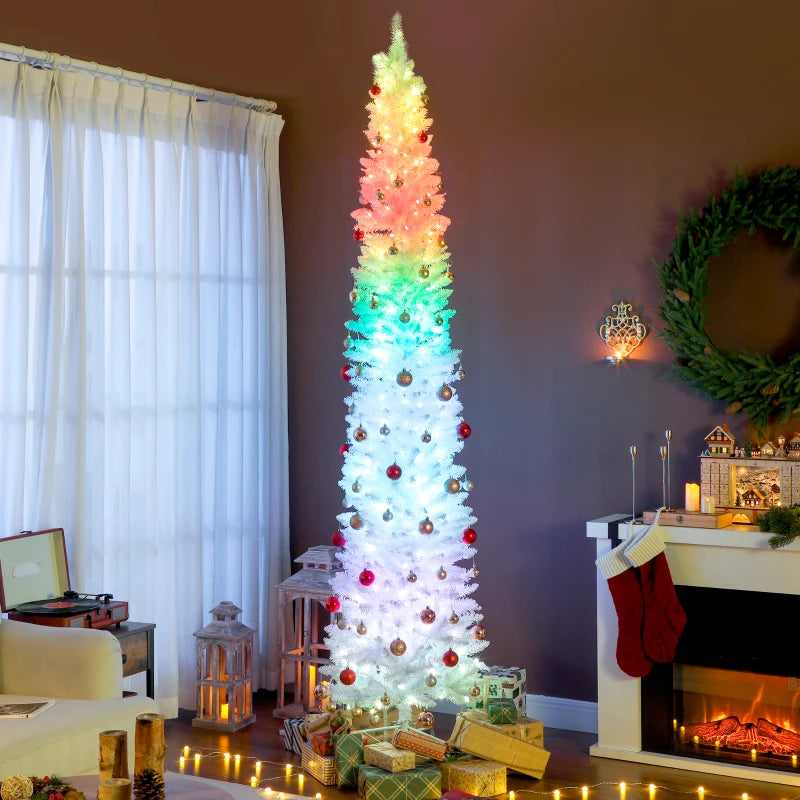 9ft Christmas Tree with Colourful DIY Synchronized LEDs, Hinged Pencil Xmas Tree with Remote, Daily Timer, White