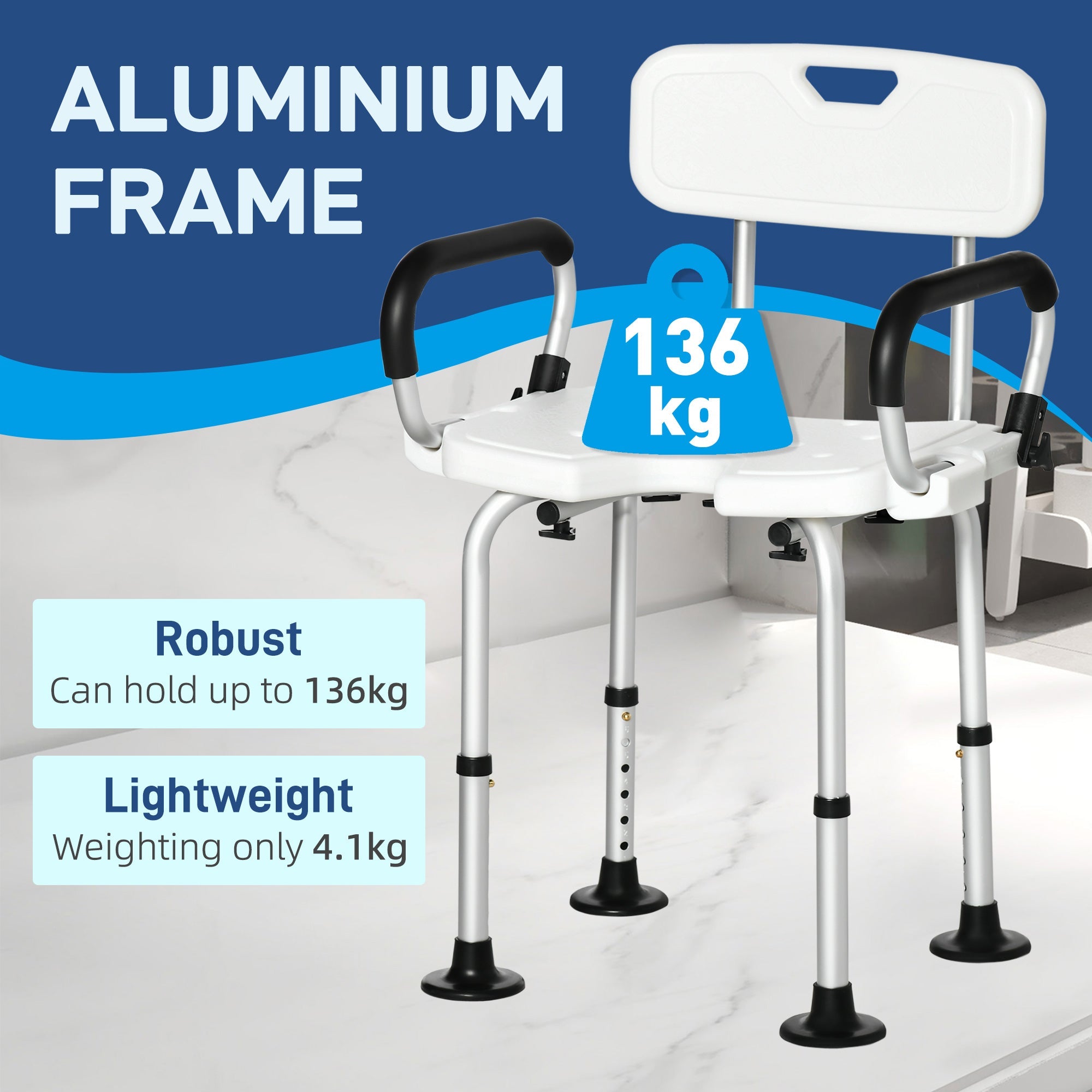 HOMCOM Shower Chair with Arms and Back, Bath Seat with Adjustable Height, Anti-slip Shower Bench for Seniors and Disabled, Tool-Free