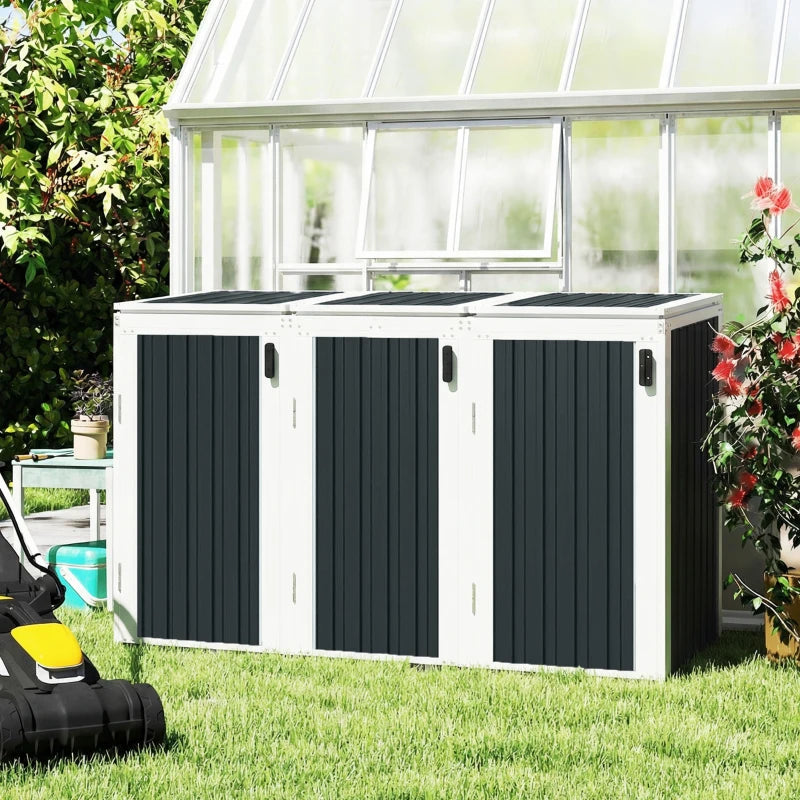 Outdoor Storage Shed Rustproof Garbage Bin Shed with Gas Struts Magnetic Doors for 3 Bins White and Grey