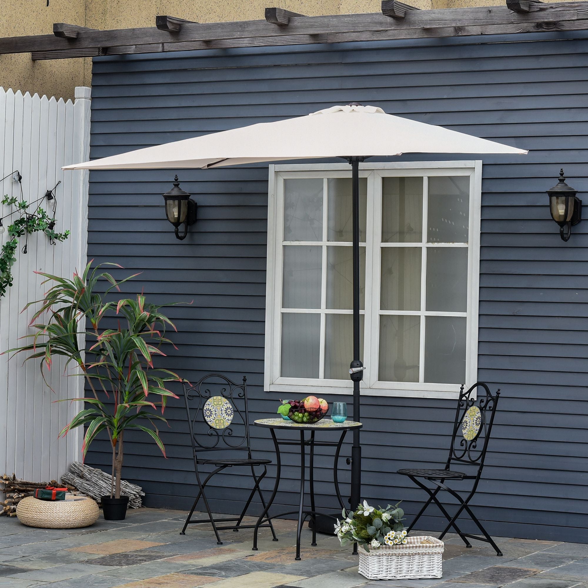 Outsunny 8ft Half Umbrella Outdoor Balcony Parasol Patio Garden Outdoor Window Sun Shade w/ 5 Ribs, Cream White