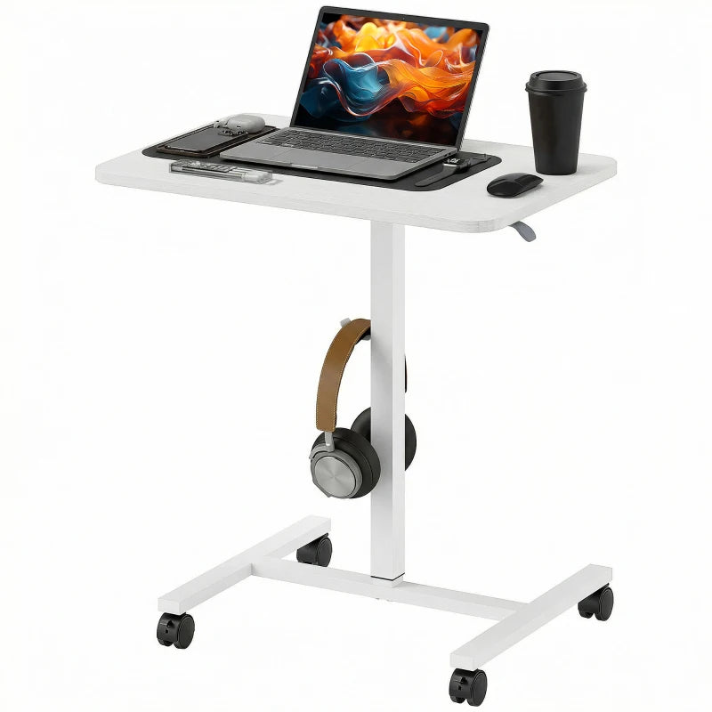 Height Adjustable Standing Desk, Pneumatic Sit Stand Desk with Wheels and Headphone Hook, White Wood Grain