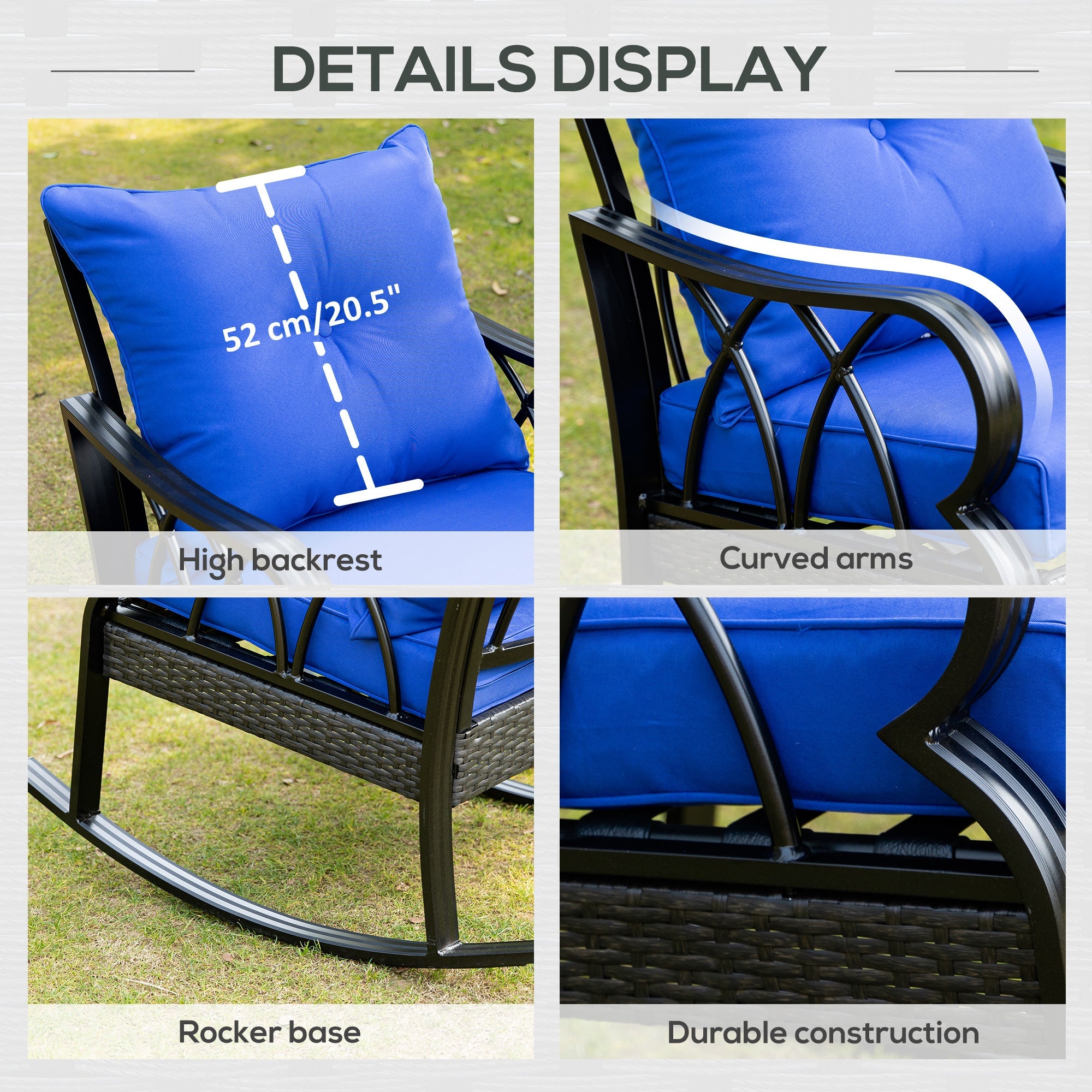 Outsunny Aluminum Wicker Rocking Chair Outdoor with Padded Cushions Garden Patio Backyard Blue