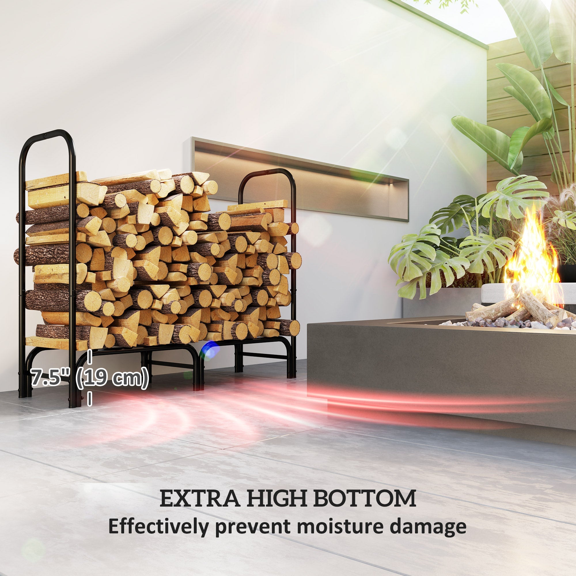 Outsunny 4ft Outdoor Firewood Rack with Cover and Carrier, Adjustable Wood Storage Holder, Indoor Outdoor Log Rack, Black