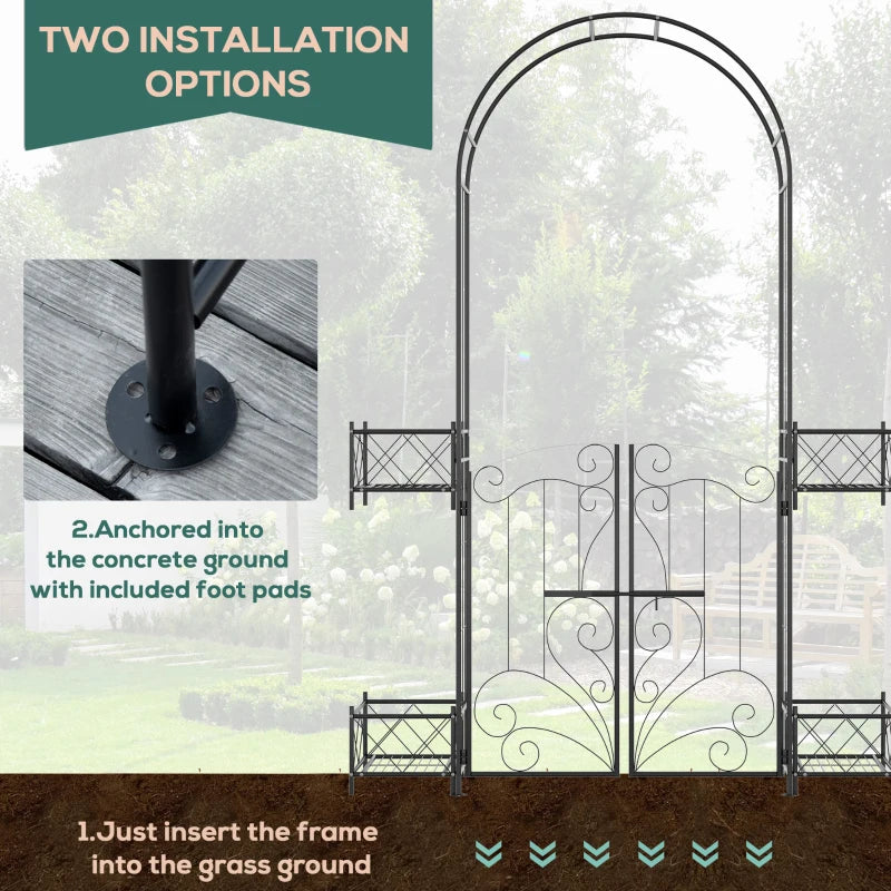 7.1FT Metal Garden Arch with Gate and 4 Planter Boxes, Garden Arbor Trellis for Climbing Plants, Outdoor Wedding, Decoration, Bridal Party, Black