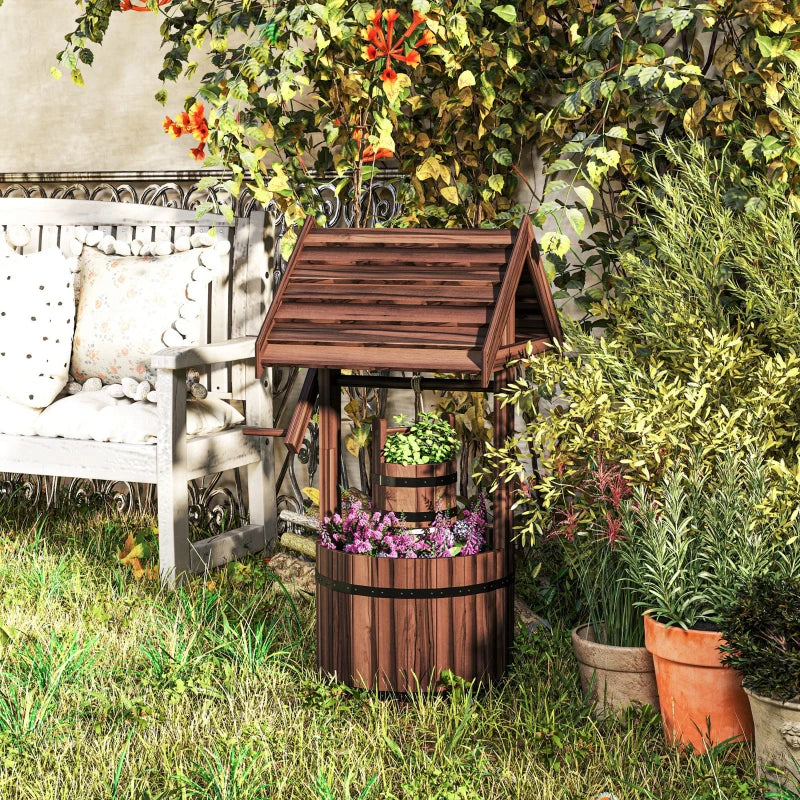 Wood Wishing Well Outdoor Wooden Planter with Hanging Bucket and Drainage Hole for Garden, Patio, Backyard, Tan