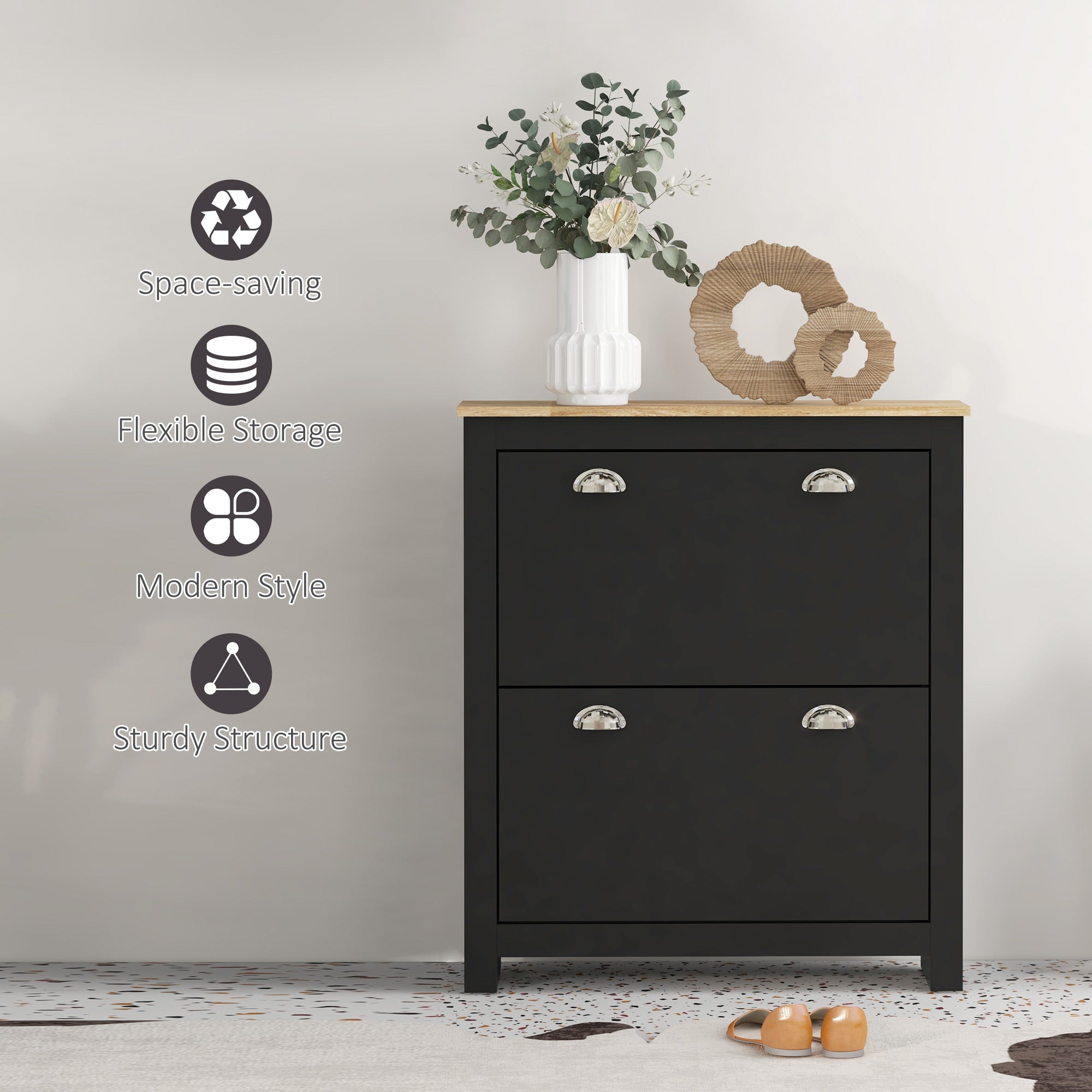 HOMCOM Entryway Shoe Storage Cabinet: 2 Flip Drawers, Adjustable Shelves, 12 Pair Organizer for Hallway, Black