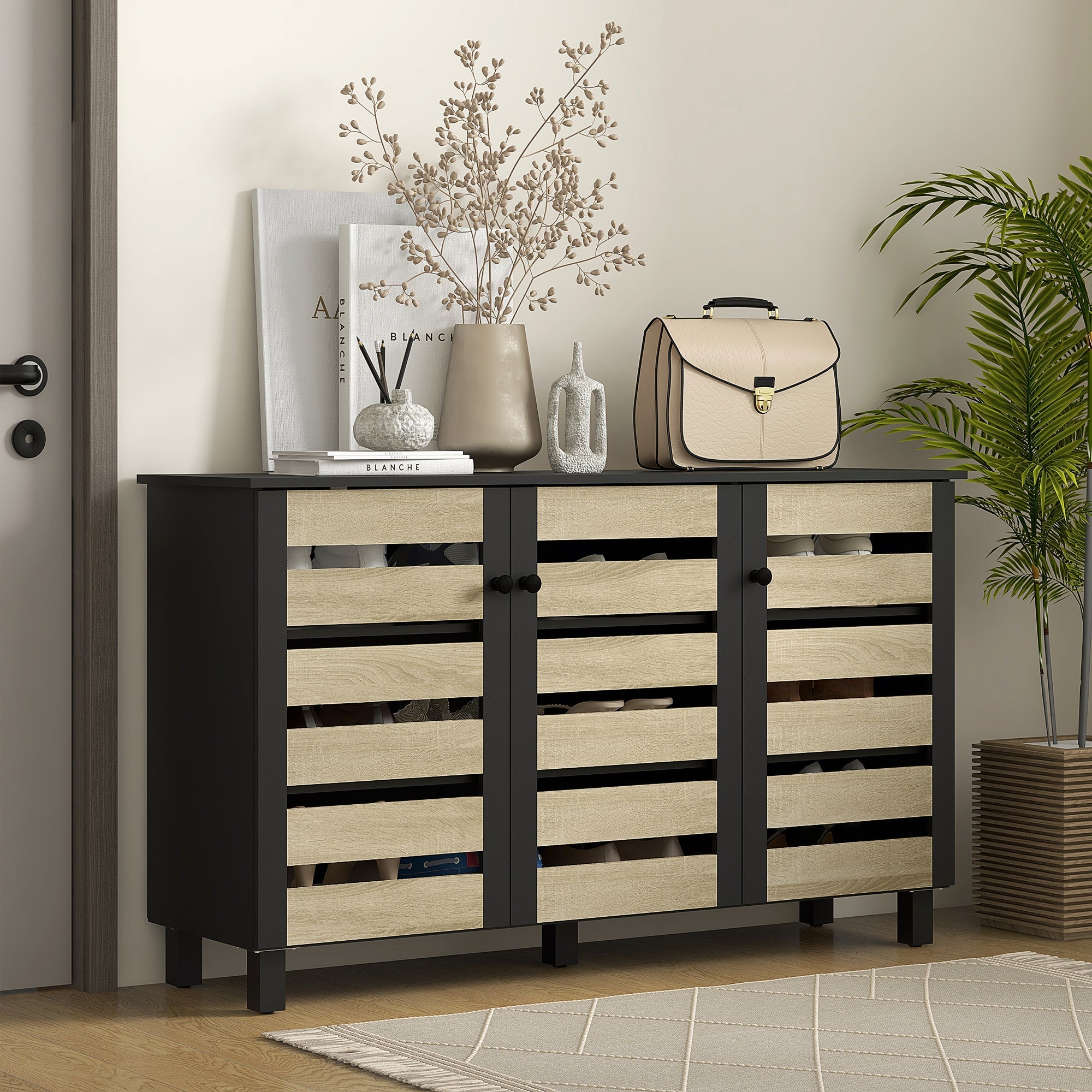 HOMCOM Rustic Shoe Storage Cabinet: 3 Slatted Doors, Adjustable Shelves for 15 Pairs, Entryway Organizer