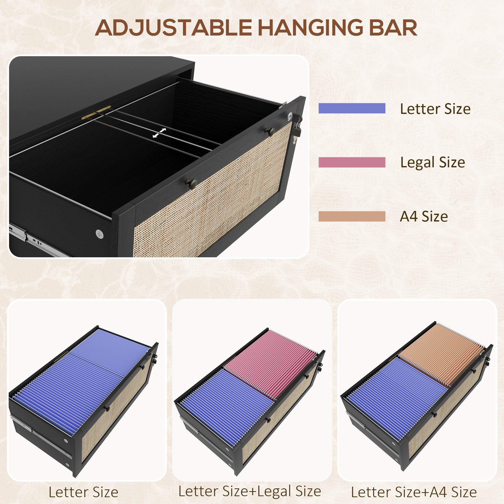 Vinsetto Boho Lockable 2 Drawer File Cabinet Adjustable Bar for Letter A4 Legal Size Black Office Storage