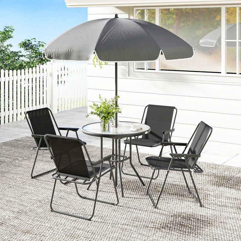 6 Pieces Patio Dining Set with Umbrella, Patio Furniture Set with Folding Chairs, Glass Table for Garden Backyard, Black