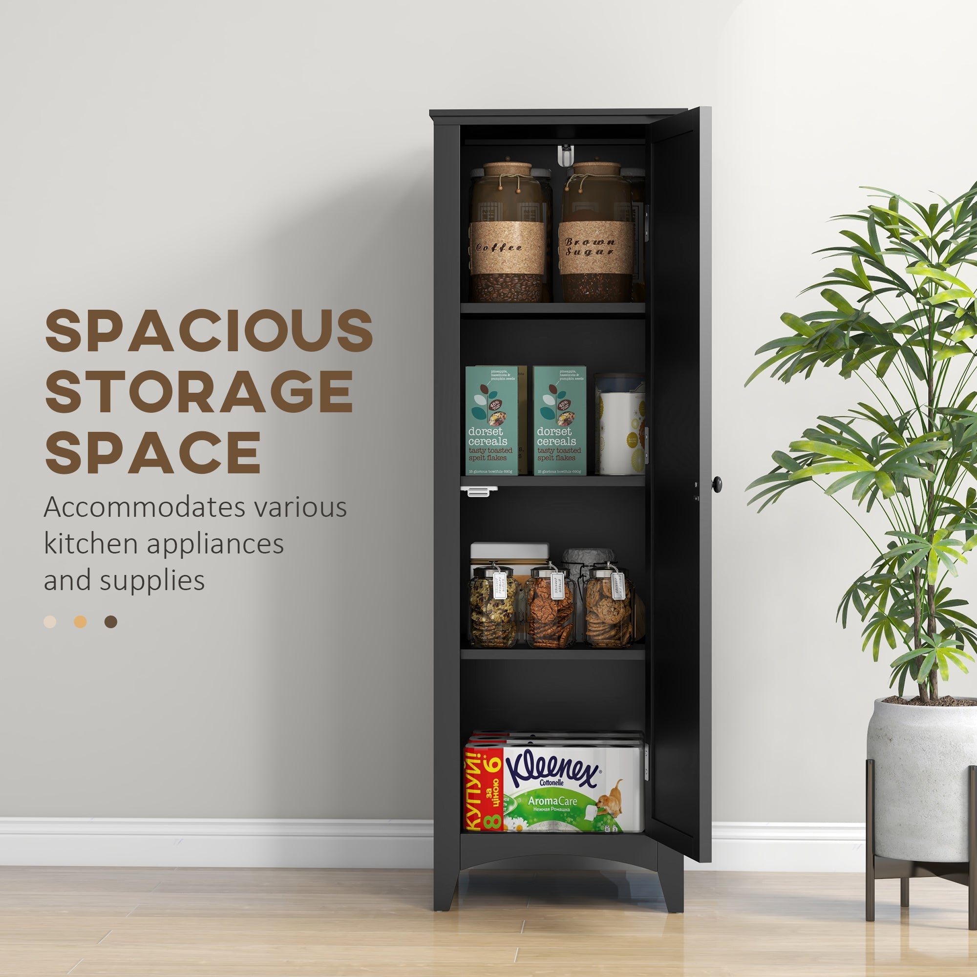 HOMCOM Black 48" Single Door Kitchen Pantry: Cabinet with 4-Tier Shelving and Adjustable Shelves