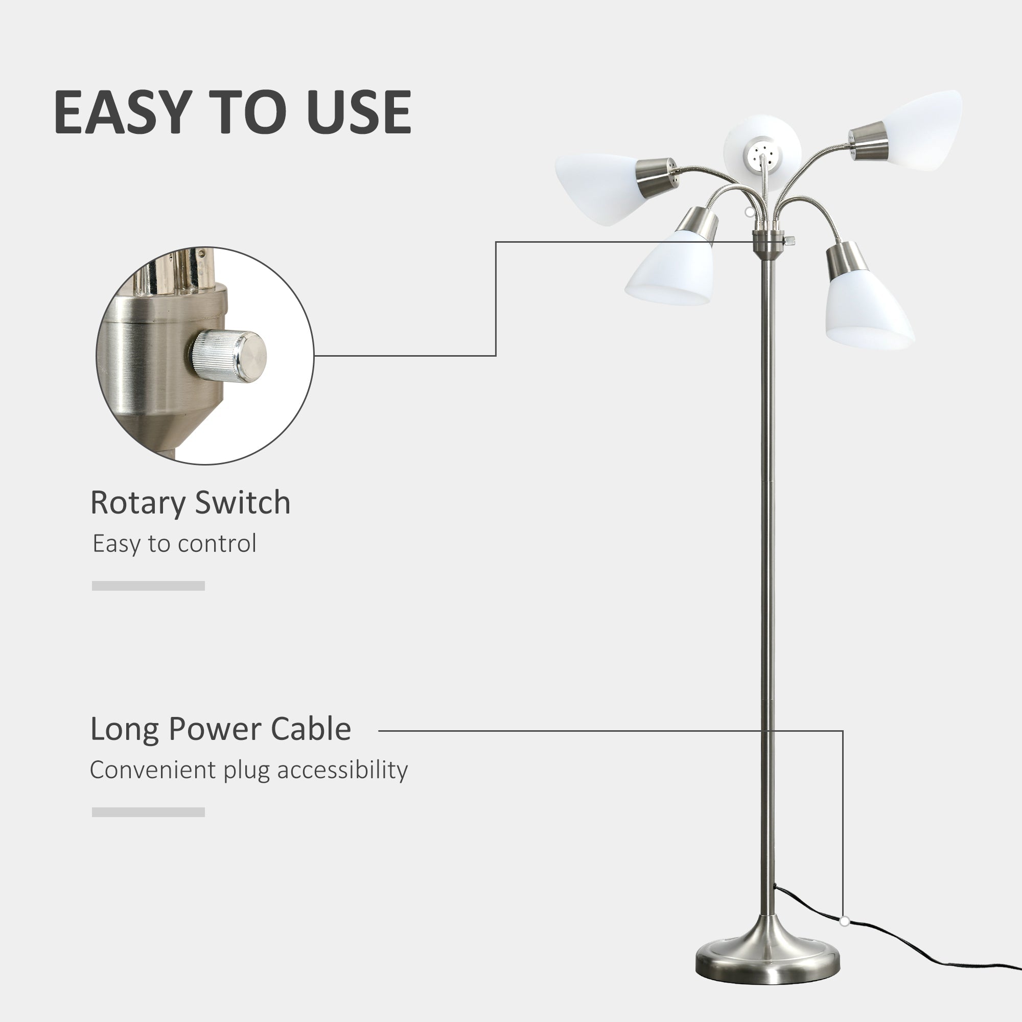 HOMCOM Arc Tree Floor Lamp 5 Adjustable Rotating Lights Modern Gooseneck Reading Bronze