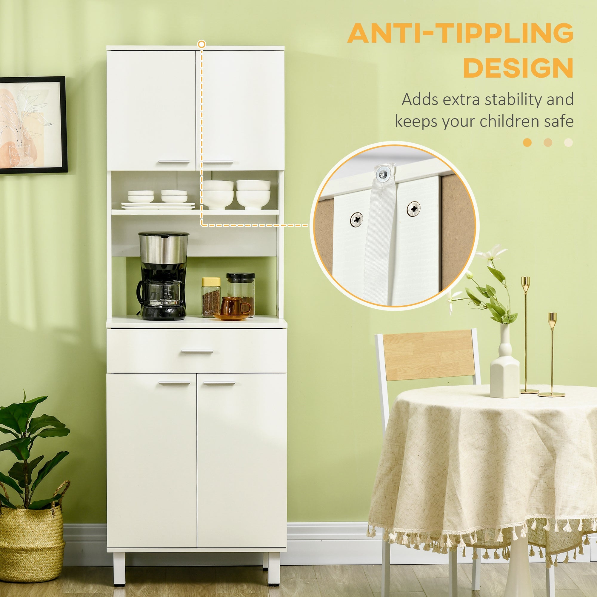 HOMCOM White 71"H Kitchen Pantry Cabinet: Freestanding Cupboard with Microwave Stand and Storage Cabinet for Dining Room, Living Room