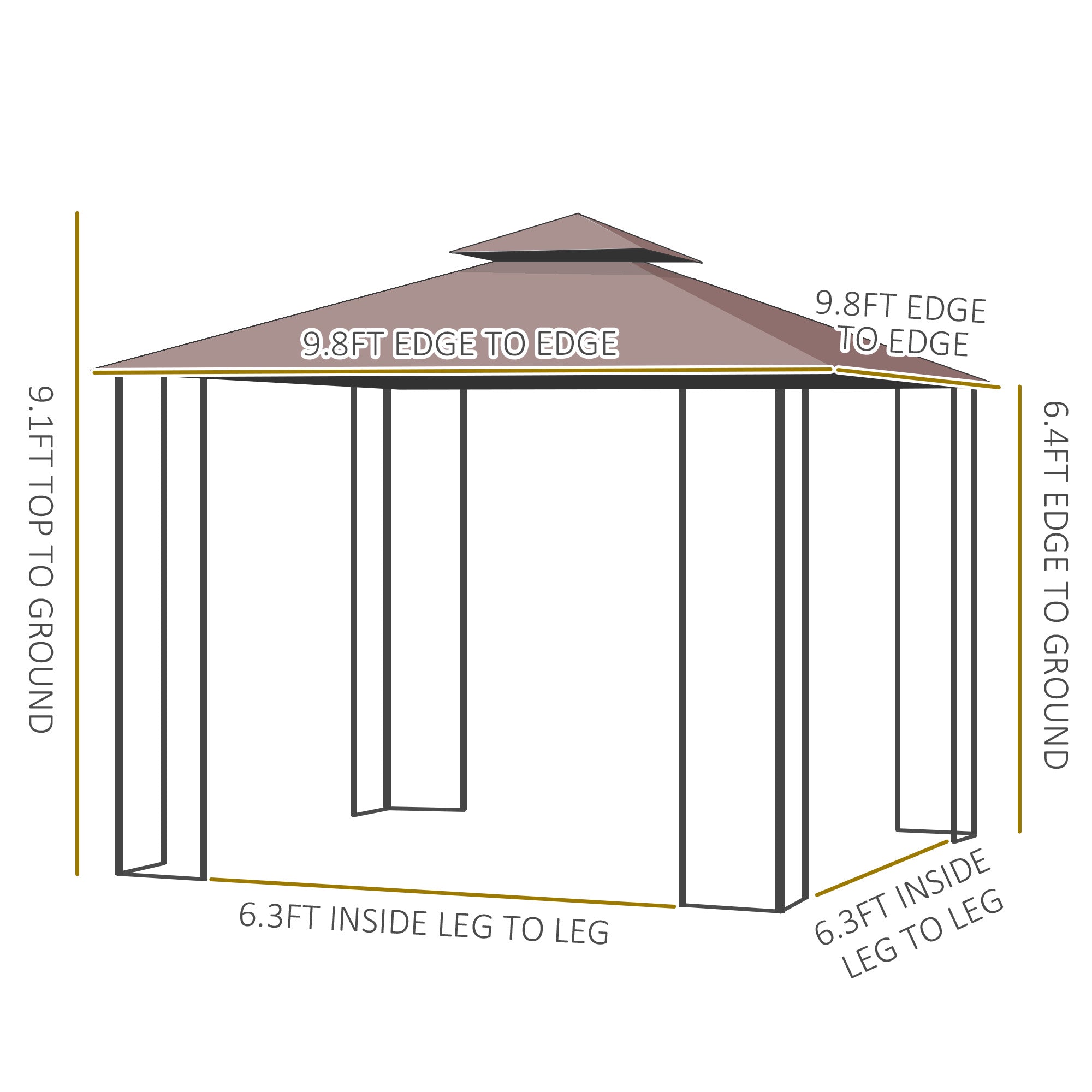 Outsunny 10'x10' Patio Gazebo Outdoor Canopy with 2-Tier Polyester Roof Mosquito Netting Brown