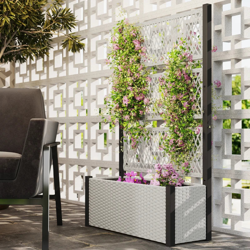 Wicker Outdoor Planter with Trellis, 58" Standing Garden Bed with Liner, Drainage Holes for Climbing Plants, Mixed Grey