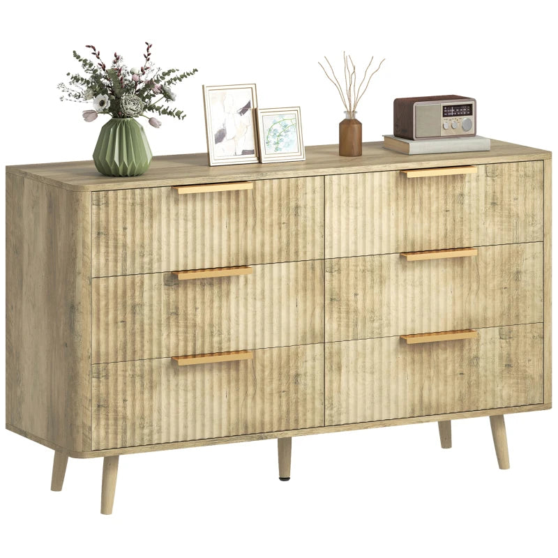Fluted Chest of Drawers, Modern 6 Drawer Dresser with Pine Wood Legs, Finger Pulls for Closet, Living Room, Hallway, Oak