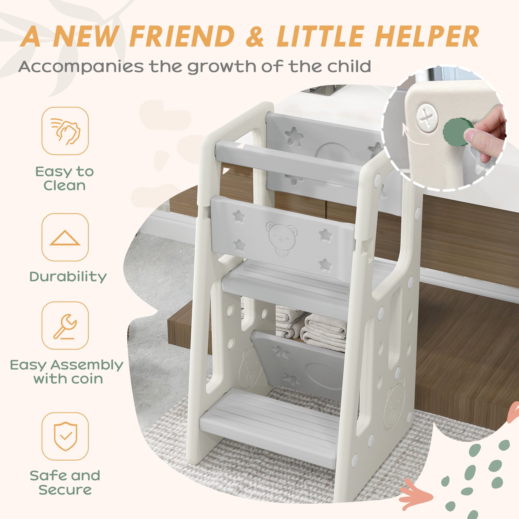 Qaba Kids Step Stool Adjustable Standing Platform Cream White