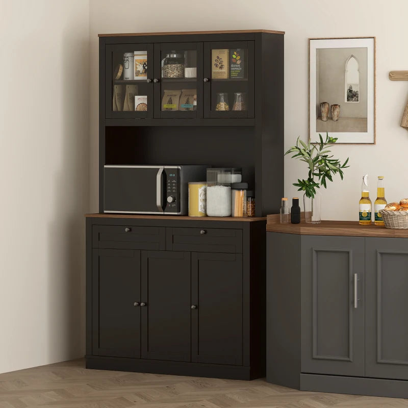71" Pantry Cabinet with Microwave Space, Buffet with Hutch, 2 Drawers, Adjustable Shelves and Glass Doors, Black