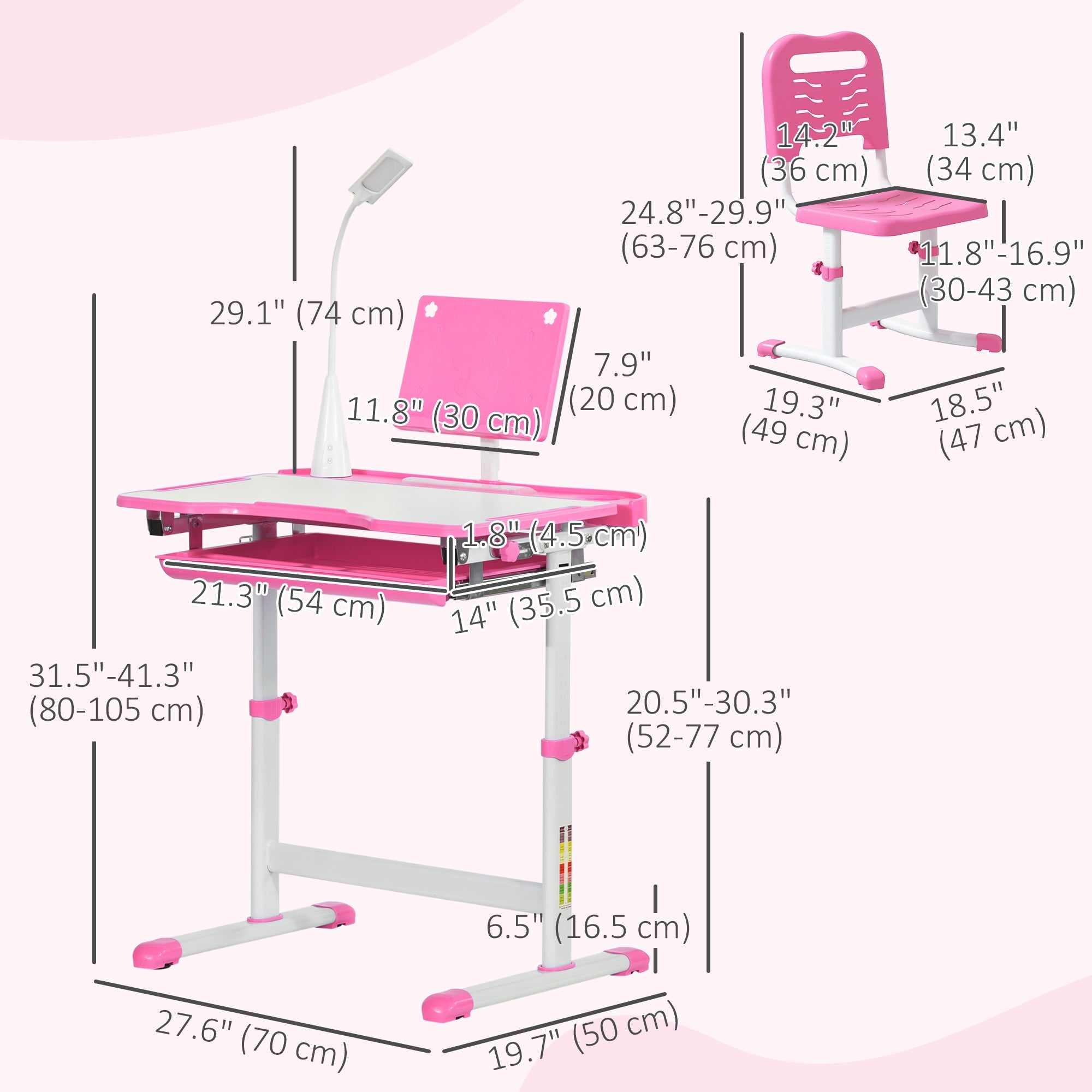 Qaba Kids Desk and Chair Set Height Adjustable Student Writing Desk Children School Study Table with Tilt Desktop, Pink