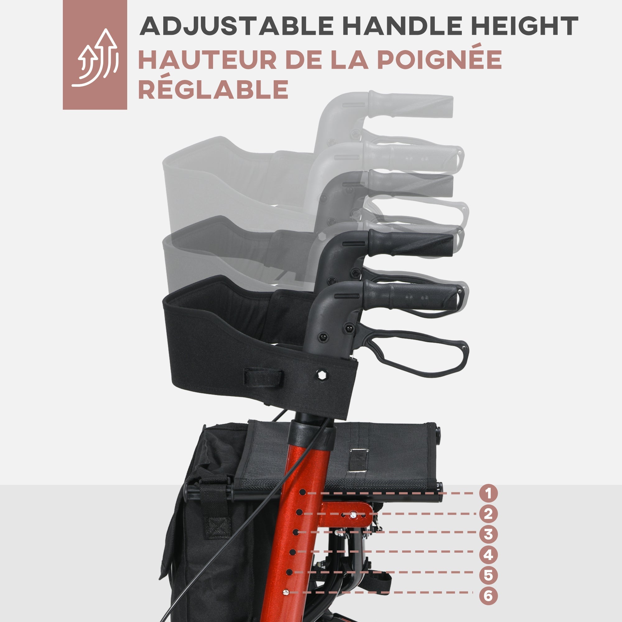 HOMCOM Rollator for Seniors with Seat, Back, Cane Holder, Aluminium Folding Rolling Walker with Adjustable Handle, Bag, Red