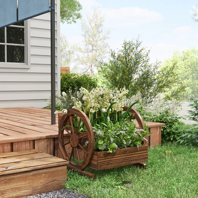 Wooden Wagon Planter Box, 3-Tier Raised Garden Bed, for Vegetables Flowers Herbs, 24" x 24" x 22", Carbonized