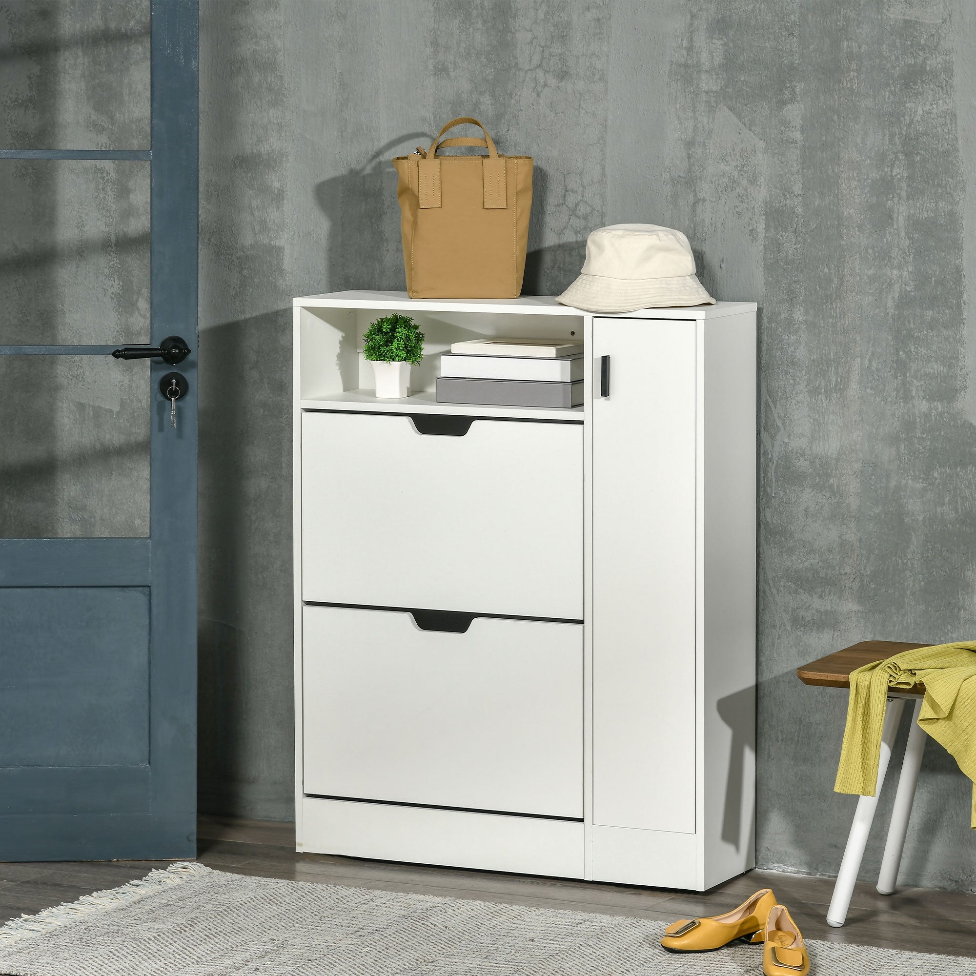 HOMCOM Contemporary Shoe Haven: 12-Pair Storage Cabinet with 2 Flip Drawers, Shelf, Open Umbrella Compartment