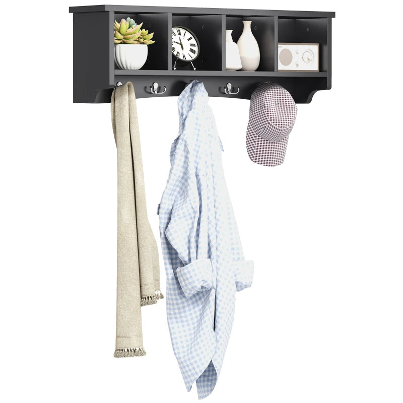 Coat Rack Wall Mount with Shelf, 28" Wall Coat Rack with 5 Hooks and 4 Compartments for Living Room, Entryway, Black