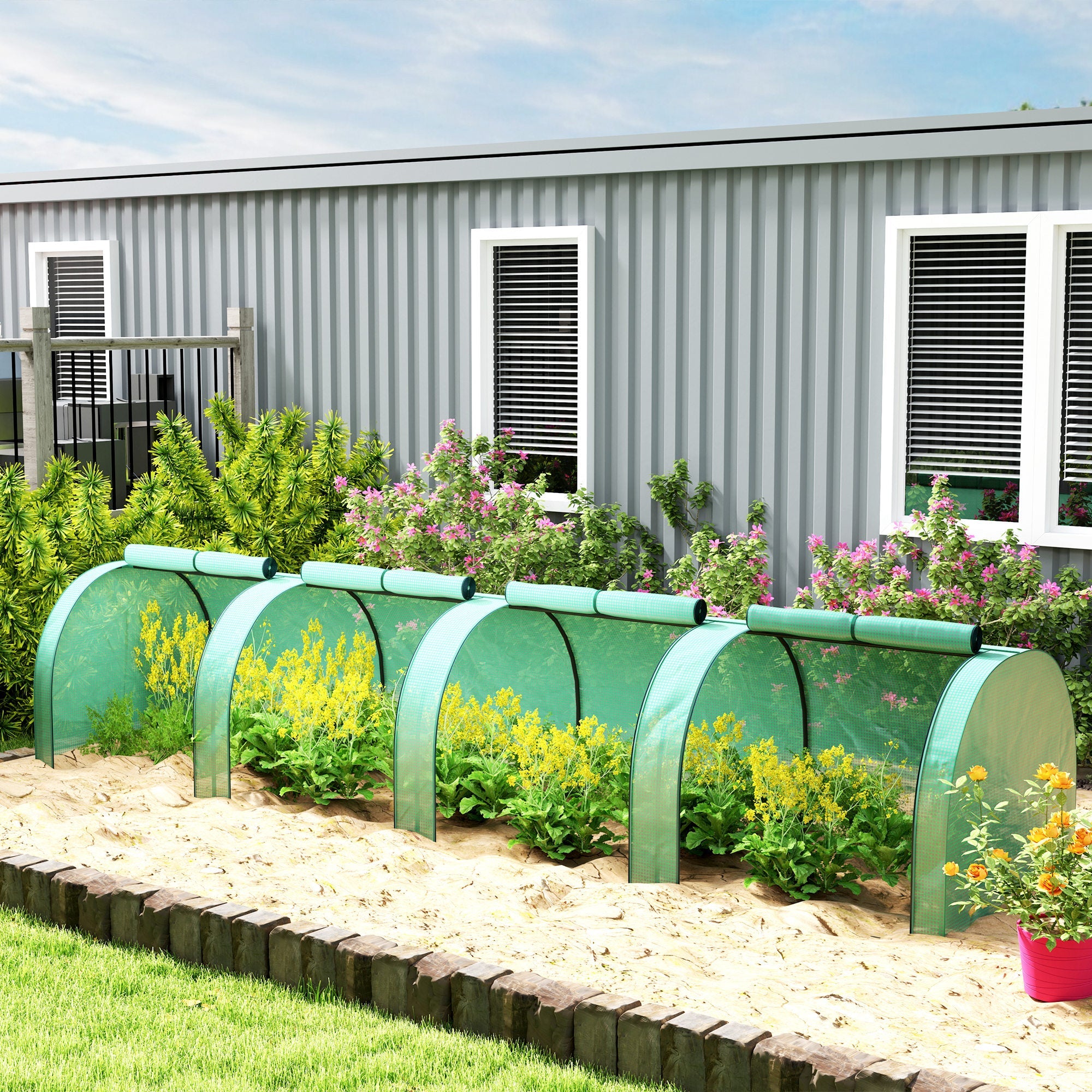 Outsunny 13' x 3.3' x 2.6' Mini Tunnel Greenhouse with PE Cover Garden Green Grow Shed with Steel Frame Zipped Doors, Green