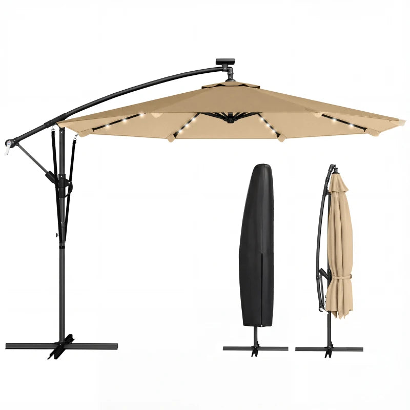9.7ft Solar LED Cantilever Patio Umbrella with 32 LED Lights, Cross Base, Crank Handle, for Poolside, Deck, Khaki