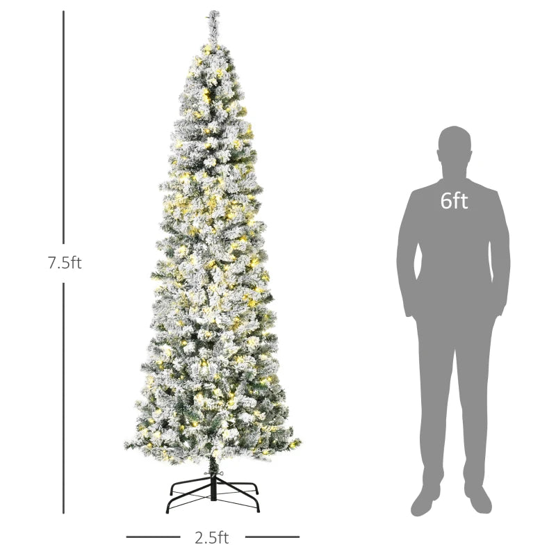 HOMCOM 7.5FT Prelit Snow Flocked Christmas Tree with Warm White LED Lights, Artificial Holiday Decoration