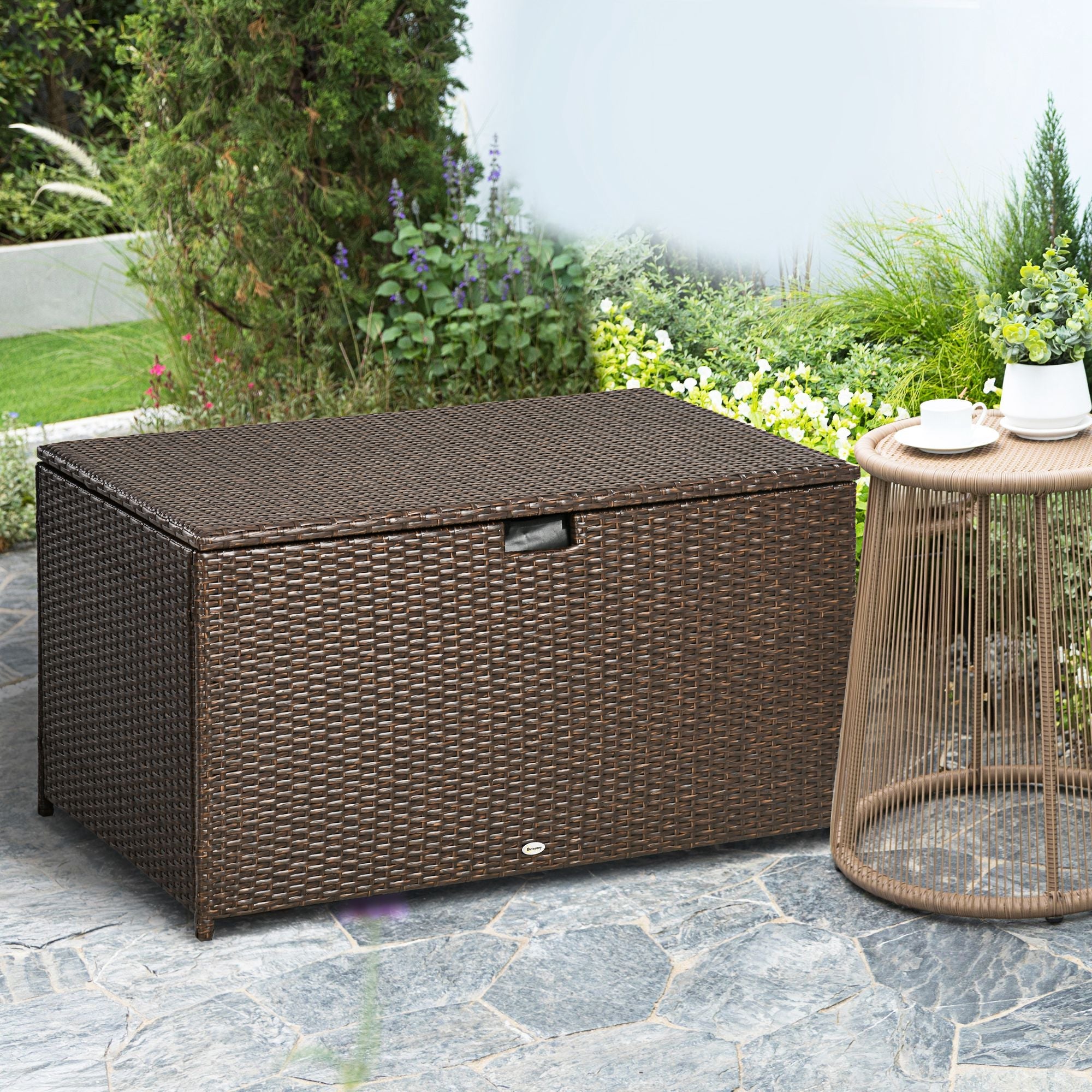 Outsunny 113 Gallon Outdoor Storage Box, Rattan Deck Box for Indoor, Patio Furniture Cushions, Pool Toys, Garden Tools, Brown