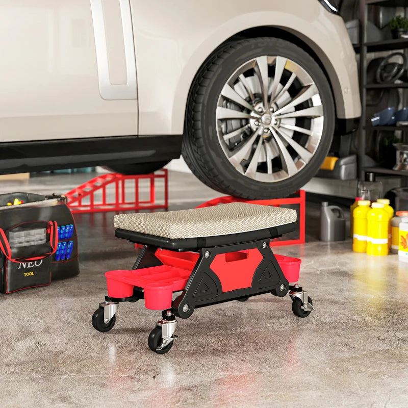 Rolling Garage Stool with Wheels, 300 LBS Capacity Padded Mechanic Stool with Tool Trays Storage, Grey