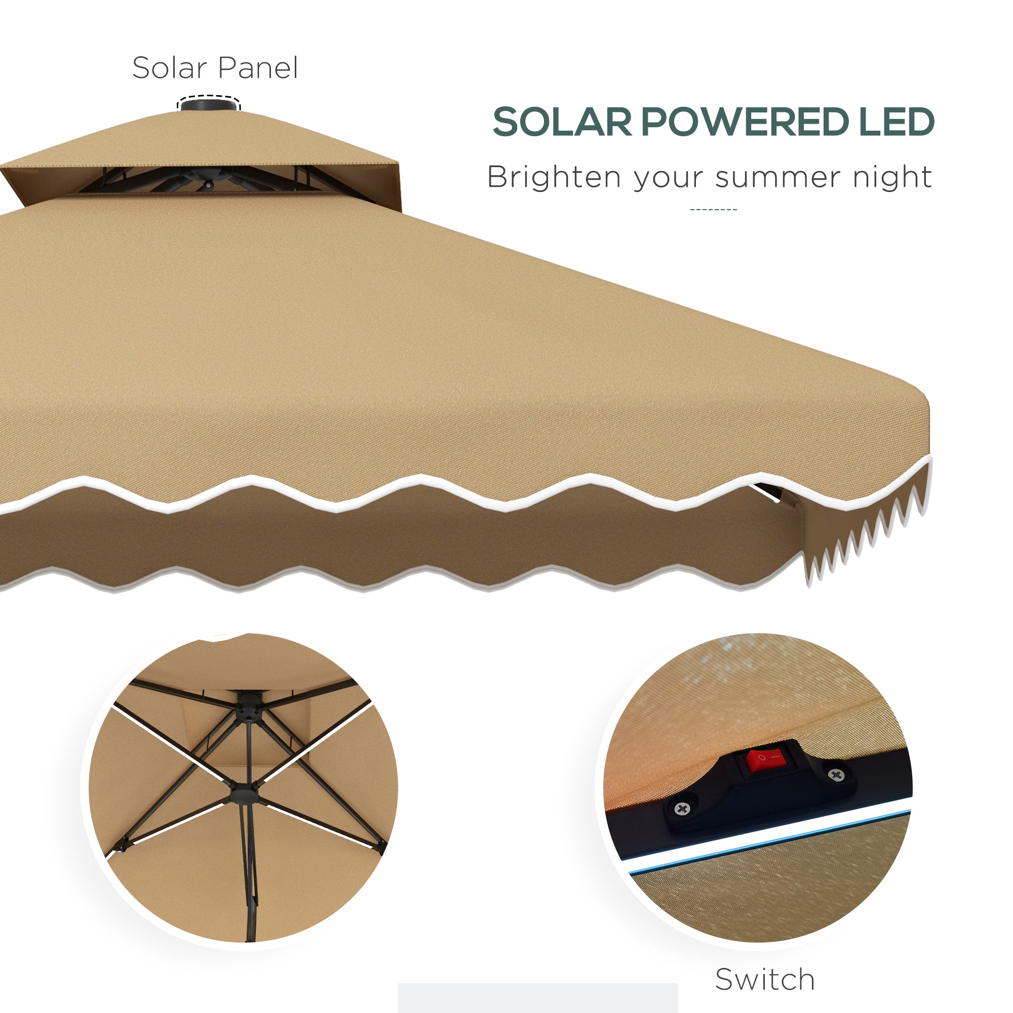 Outsunny 8x8ft Square Double Top Offset Umbrella: Solar LED Lights, Ruffles & Weights for Patio Use, Khaki