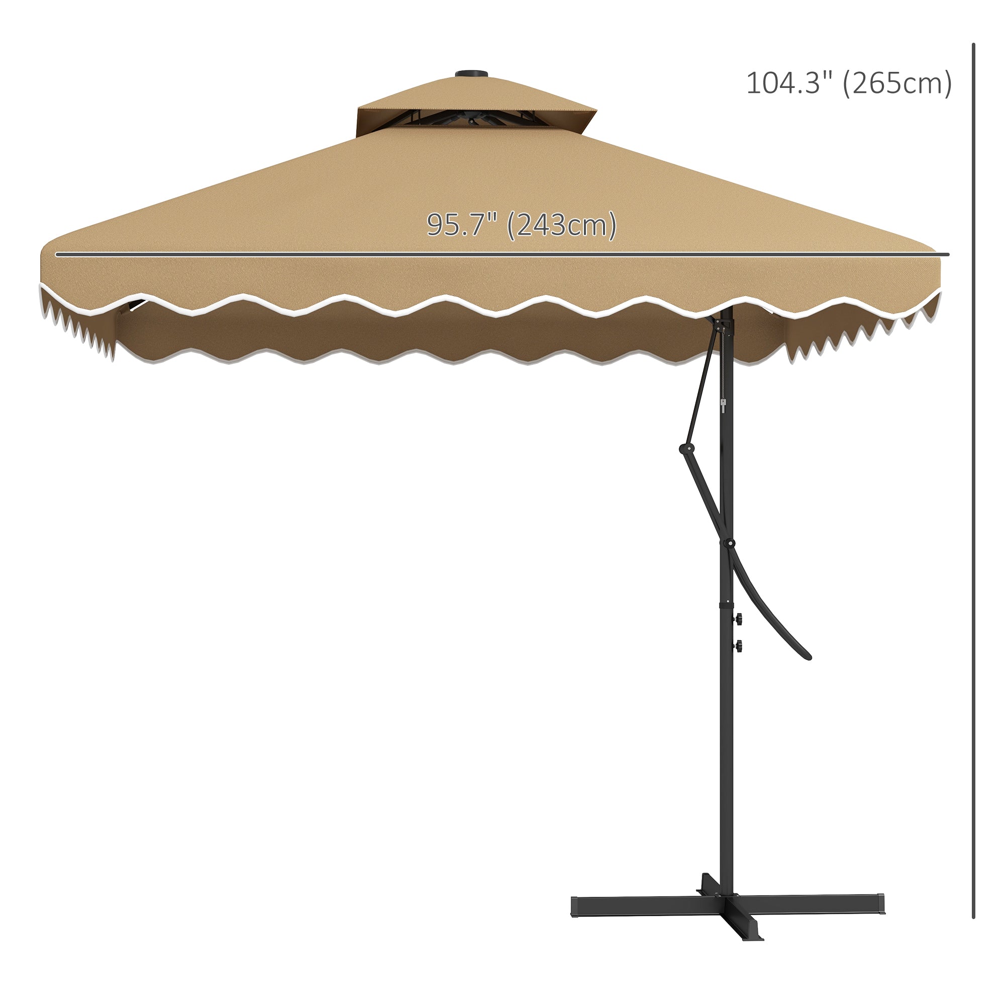 Outsunny 8x8ft Square Double Top Offset Umbrella: Solar LED Lights, Ruffles & Weights for Patio Use, Khaki