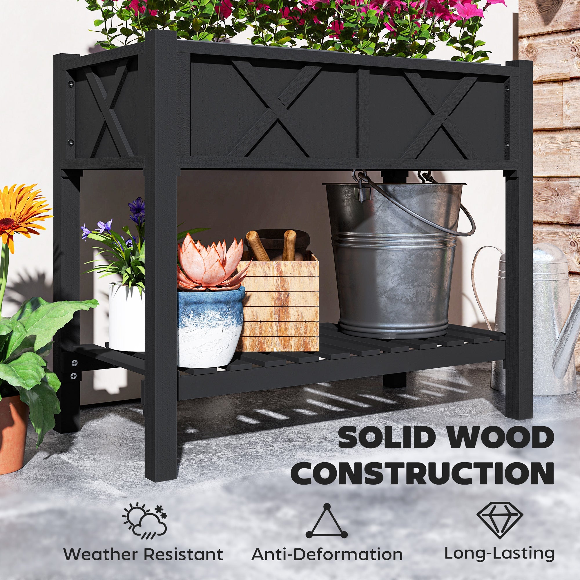 Outsunny Wooden Raised Garden Bed, Elevated Planter Box with Storage Shelf, Drainage Holes and Liner, 34" x 18" x 30", Black