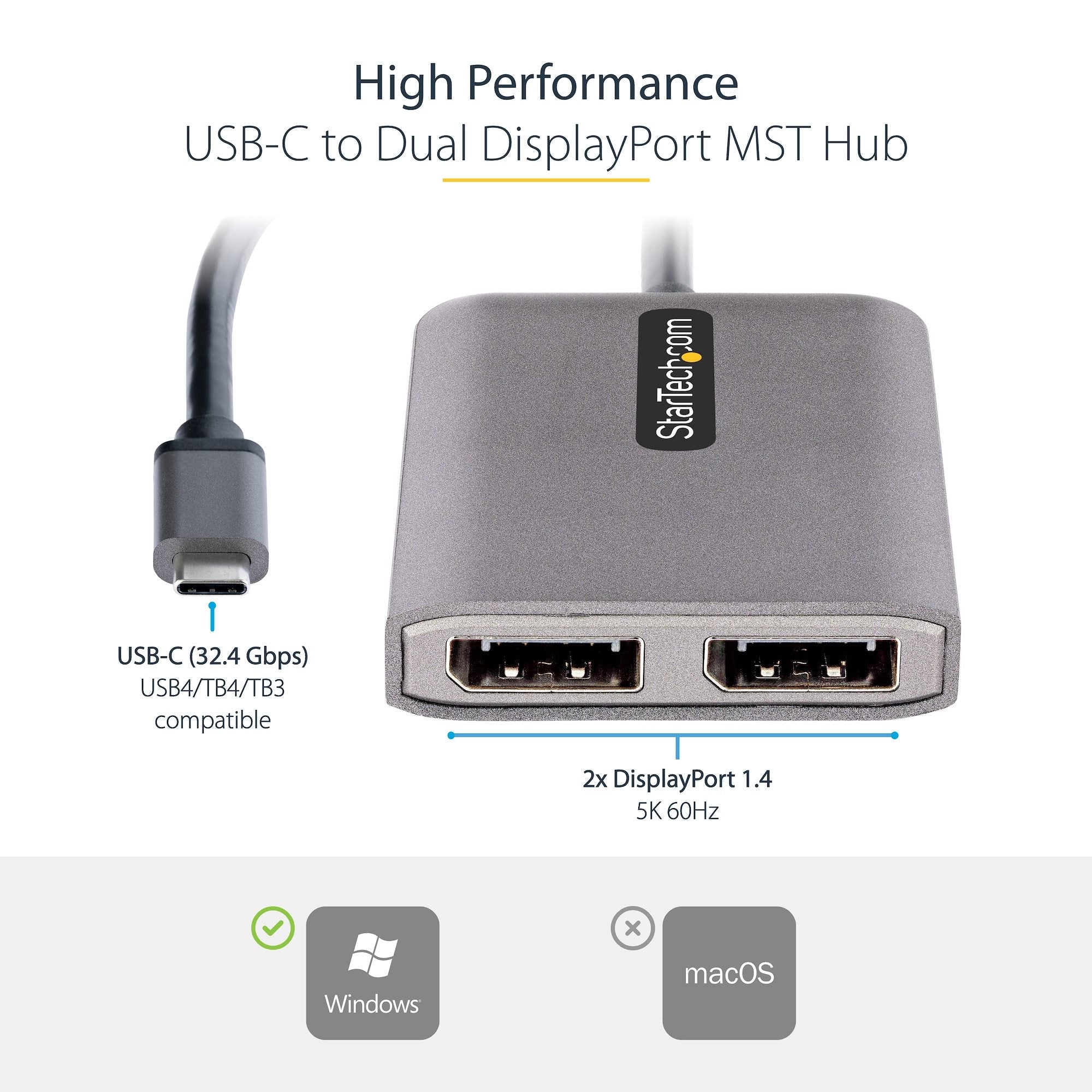 USB-C to Dual DisplayPort 1.4 Adapter, USB Type-C Multi-Monitor MST Hub, Dual 5K 60Hz DP Laptop Display Extender / Splitter, HDR, Extra-Long Built-In Cable - Windows Only