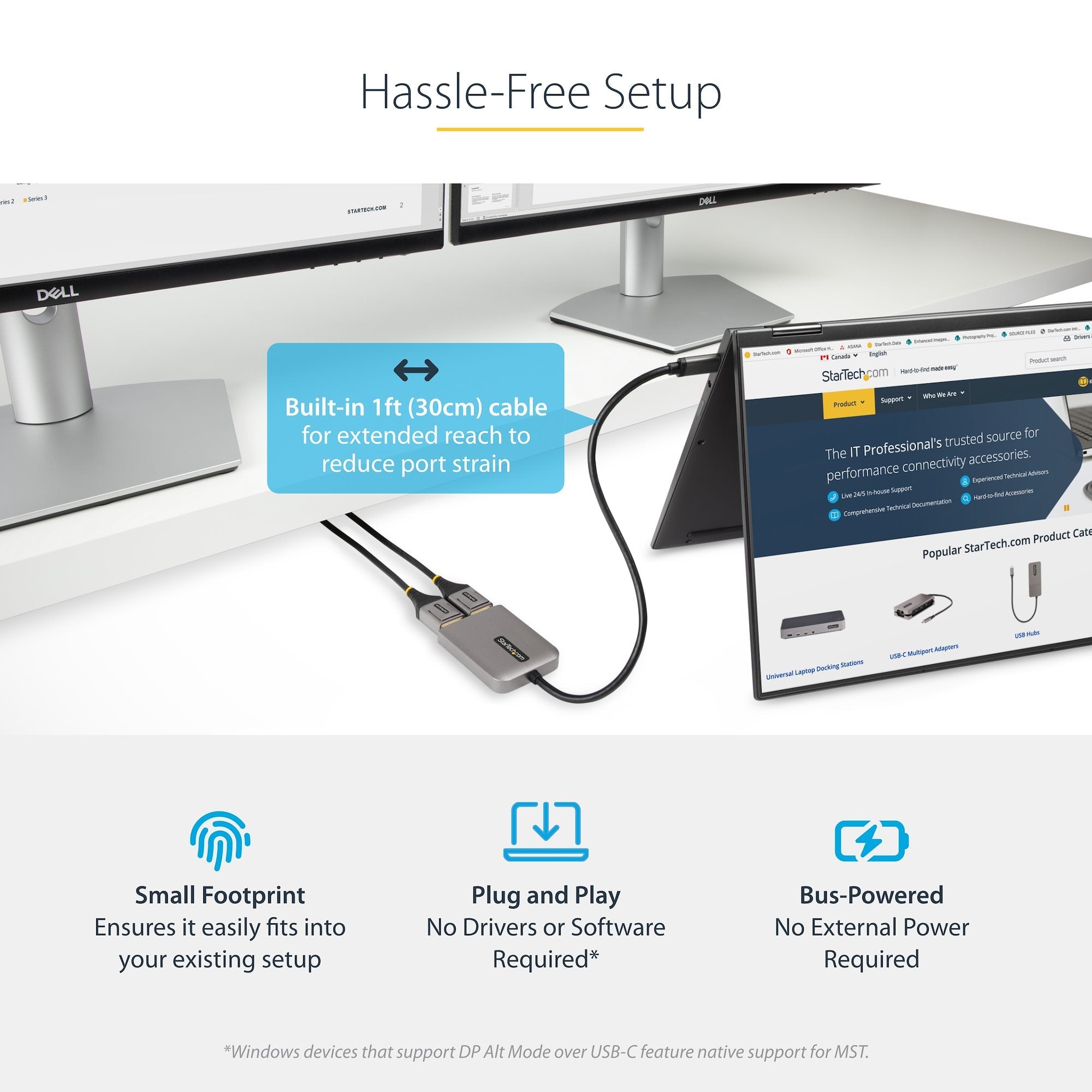 USB-C to Dual DisplayPort 1.4 Adapter, USB Type-C Multi-Monitor MST Hub, Dual 5K 60Hz DP Laptop Display Extender / Splitter, HDR, Extra-Long Built-In Cable - Windows Only