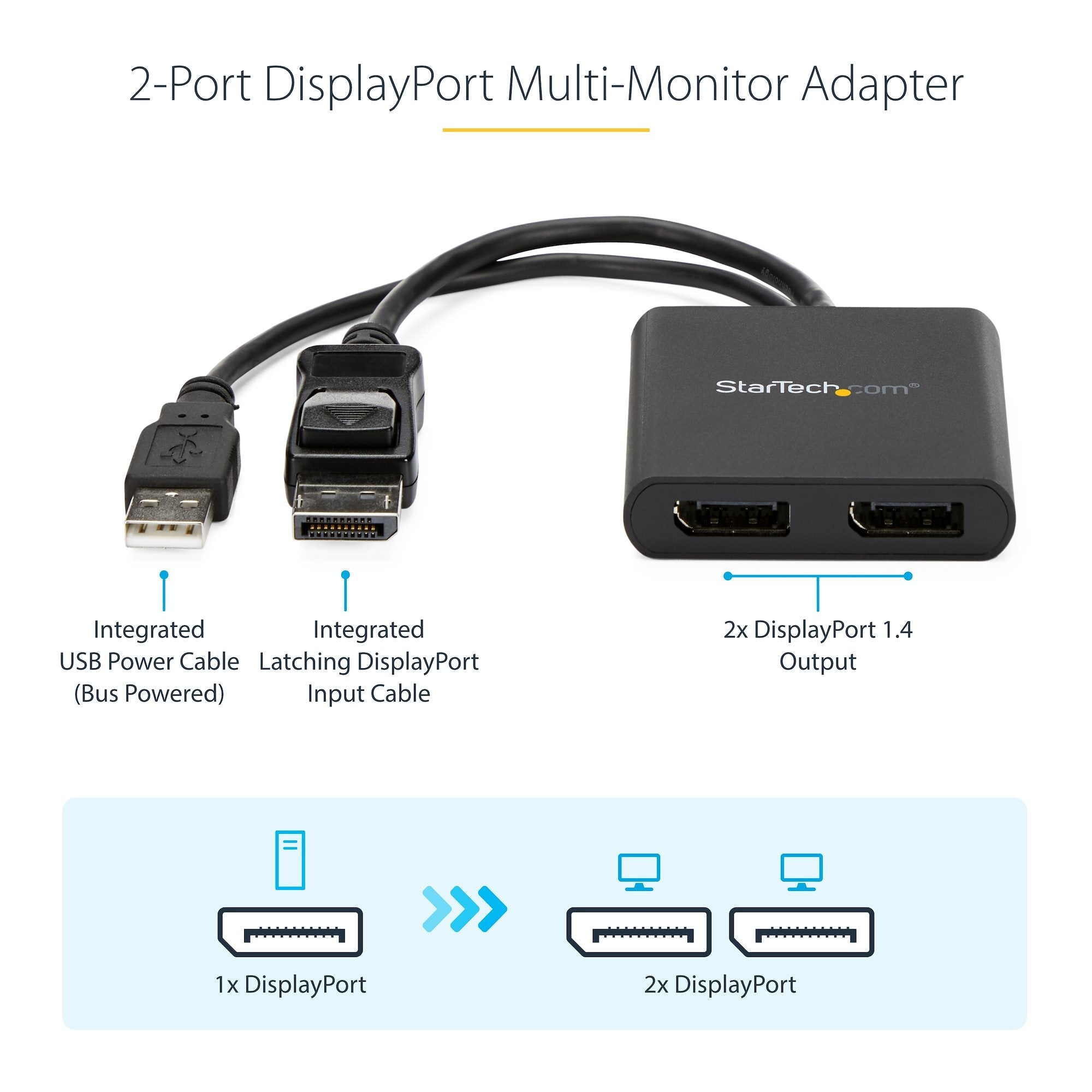 Dual-Monitor DisplayPort 1.2 Splitter, DisplayPort to 2x DP Multi-Monitor Adapter, Dual 4K 30Hz or 1080p 60Hz Computer MST Hub, USB Bus-Powered - Windows Only