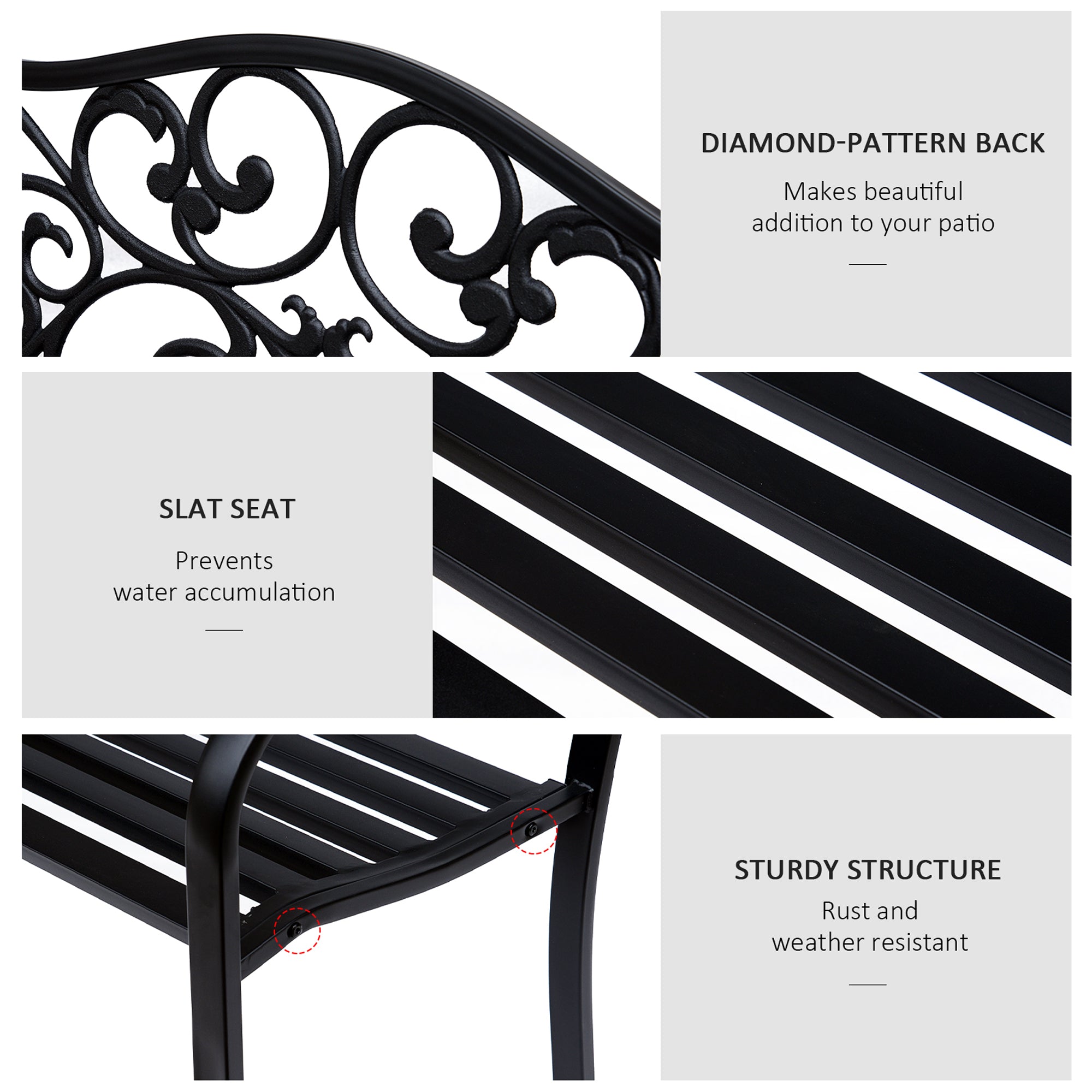 Outsunny Garden Bench Outdoor Loveseat with Vintage Floral Pattern Cast Metal, 50" x 23.6" x 35", Black