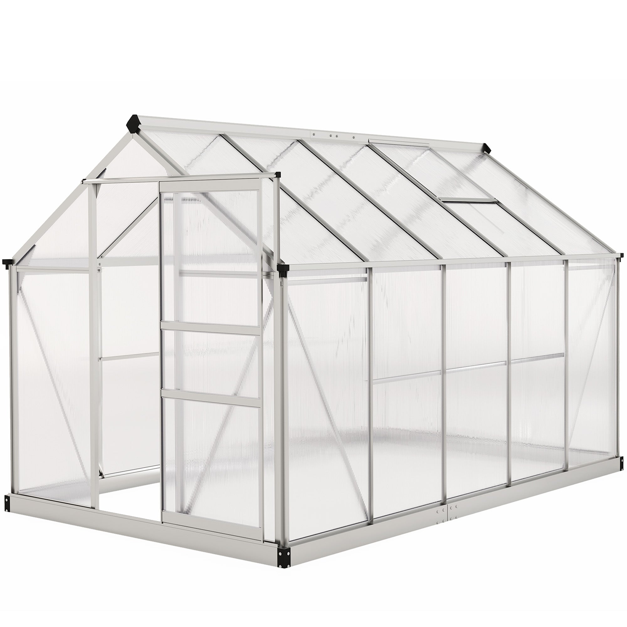 Outsunny 6' x 10' x 6.6' Polycarbonate Greenhouse, Walk-In Green House Kit Garden, Plants Grow, Galvanized Sheet Aluminum Frame with Rain Gutter, Vents and Sliding Door, Sliver