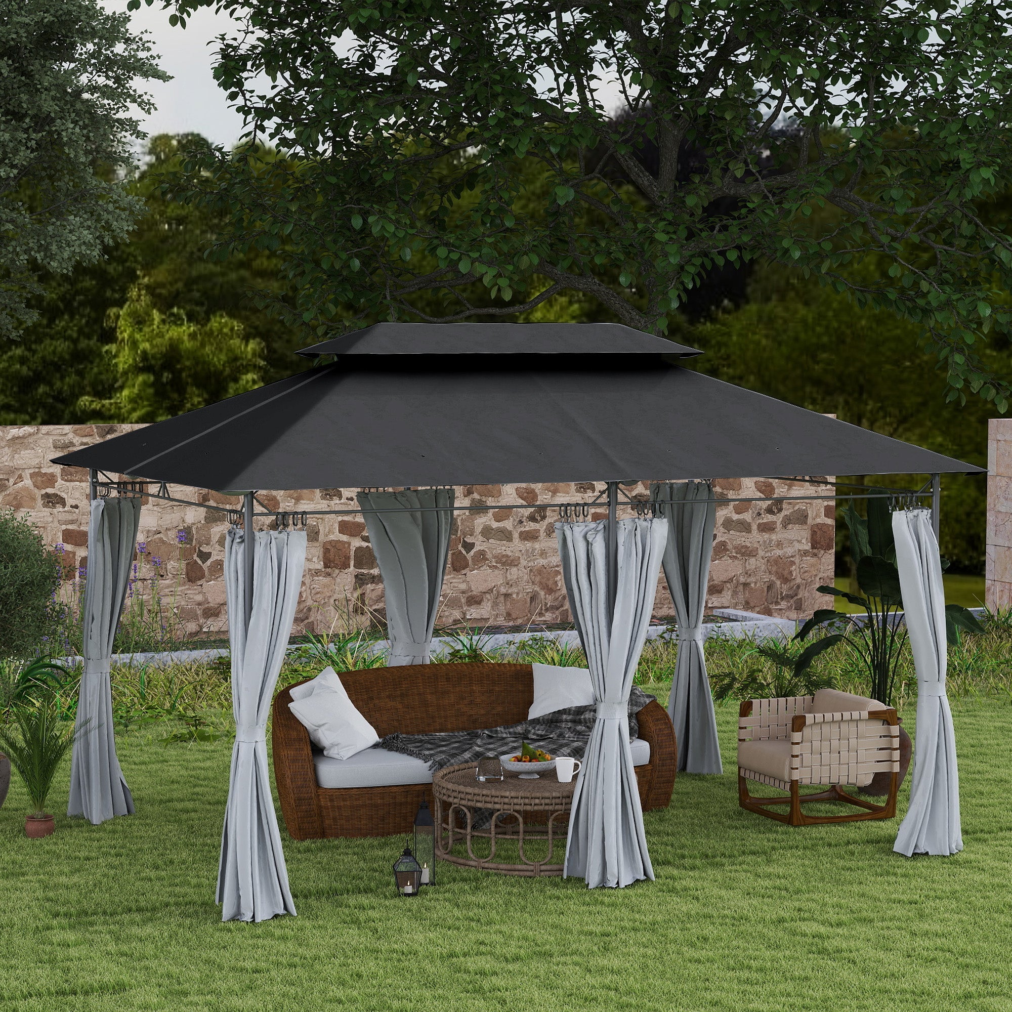 Outsunny 10' x 13' Double Roof Patio Gazebo, Outdoor Gazebo with Curtains, for Garden, Lawn, Backyard and Deck, Dark Grey
