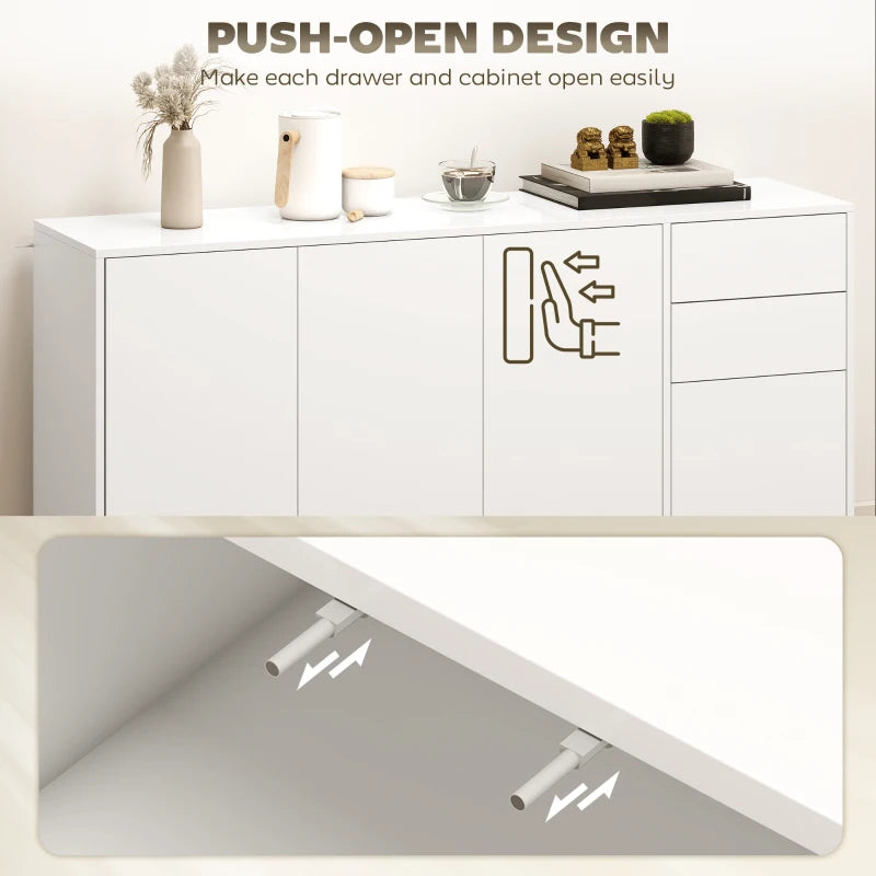 Kitchen Sideboard Storage Cabinet, Modern Coffee Bar Cabinet with Push-Open Design and 2 Drawers, Adjustable Shelving for Living Room, White