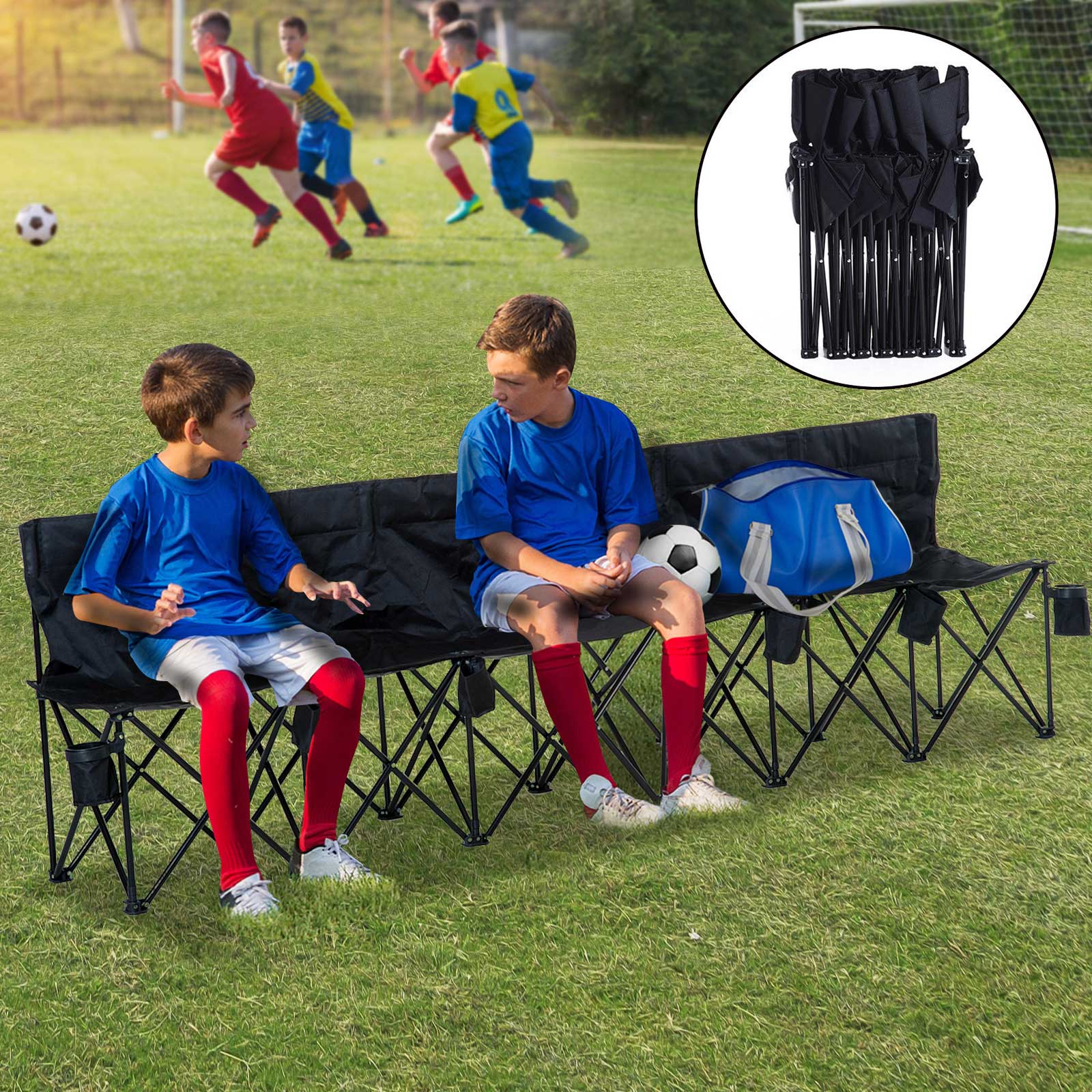 Outsunny Portable Soccer Bench 6 Seat Team Sports Bench Outdoor with Carrying Case Black