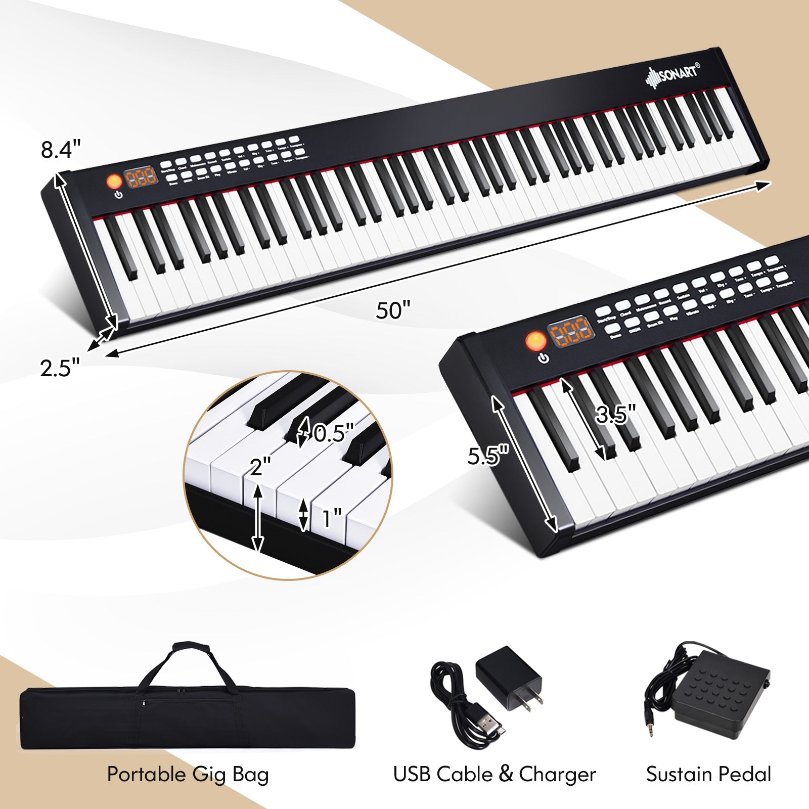 88-Key Portable Full-Size Semi-weighted Digital Piano Keyboard-BlackÂ
