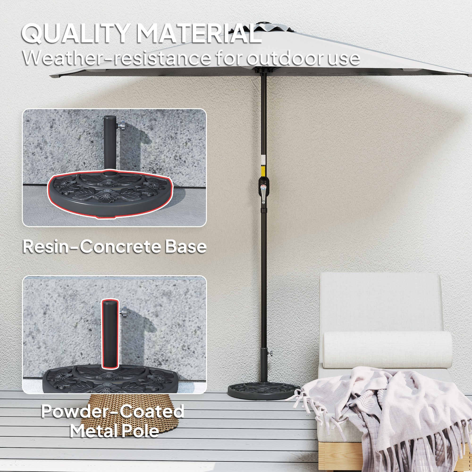 Outsunny Half Umbrella Base, 21 lbs Concrete Half Umbrella Stand Outdoor Umbrella Base with Flower-Leaf Design, Patio Umbrella Stand for Outdoor Lawn Poolside, Black