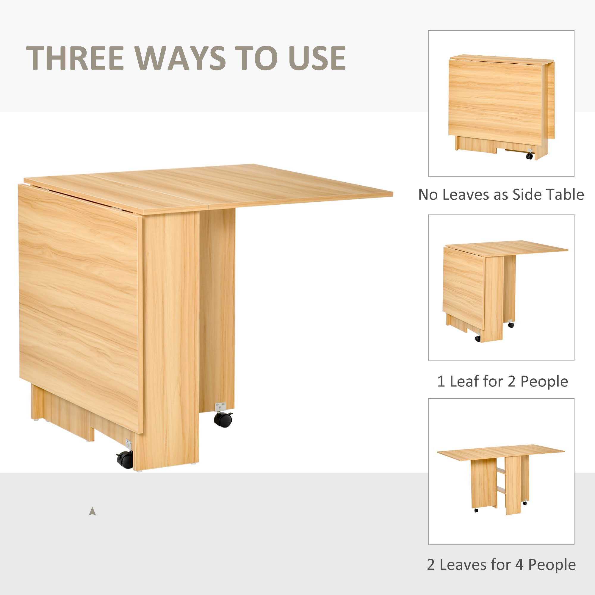 HOMCOM Foldable Drop Leaf Side Table Console Writing Desk with Storage Shelves 2 Wheels for Kitchen Teak Finish
