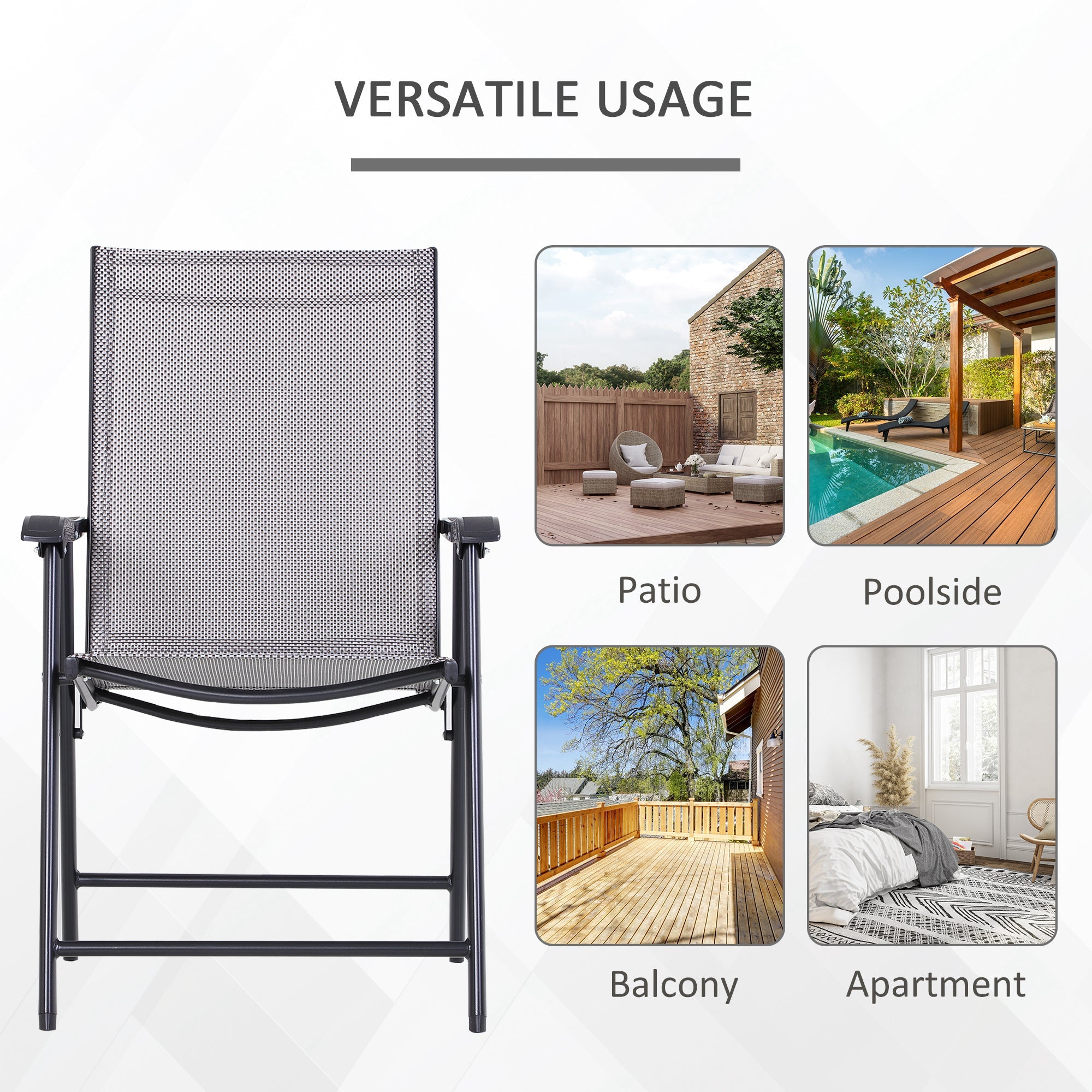 Outsunny Garden Chairs Set of 2 Foldable Texteline Steel Frame Outdoor Patio Seat Black