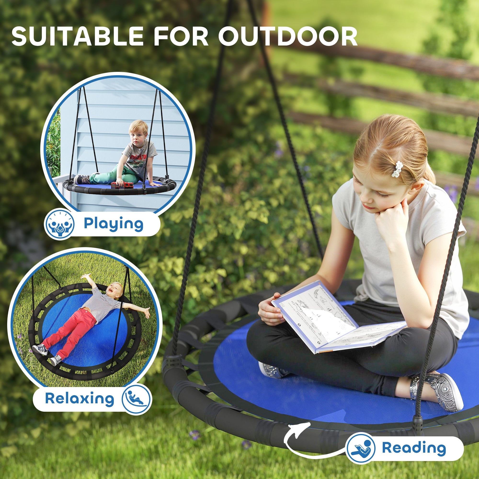 Qaba 39 inch Saucer Tree Swing Set for Kids with Adjustable Hanging Ropes for Outdoor, Backyard, Navy Blue