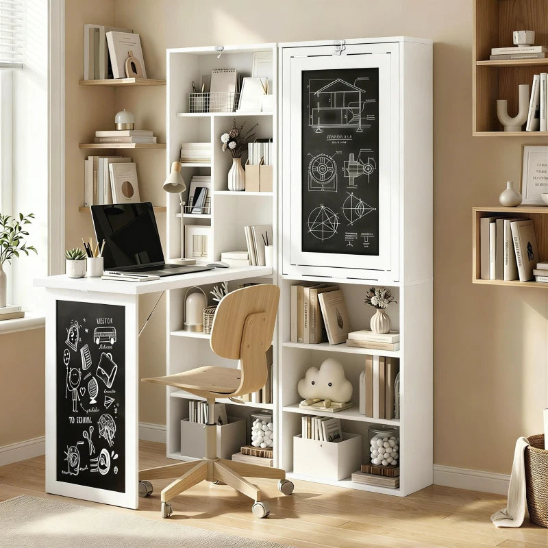 Wall Mounted Fold-Out Convertible Office Desk with Storage Shelves & Blackboard – White