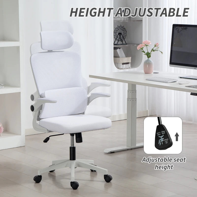 High Back Office Chair, Mesh Computer Chair with Rotatable Headrest, Lumbar Back Support, Adjustable Height, Cream White